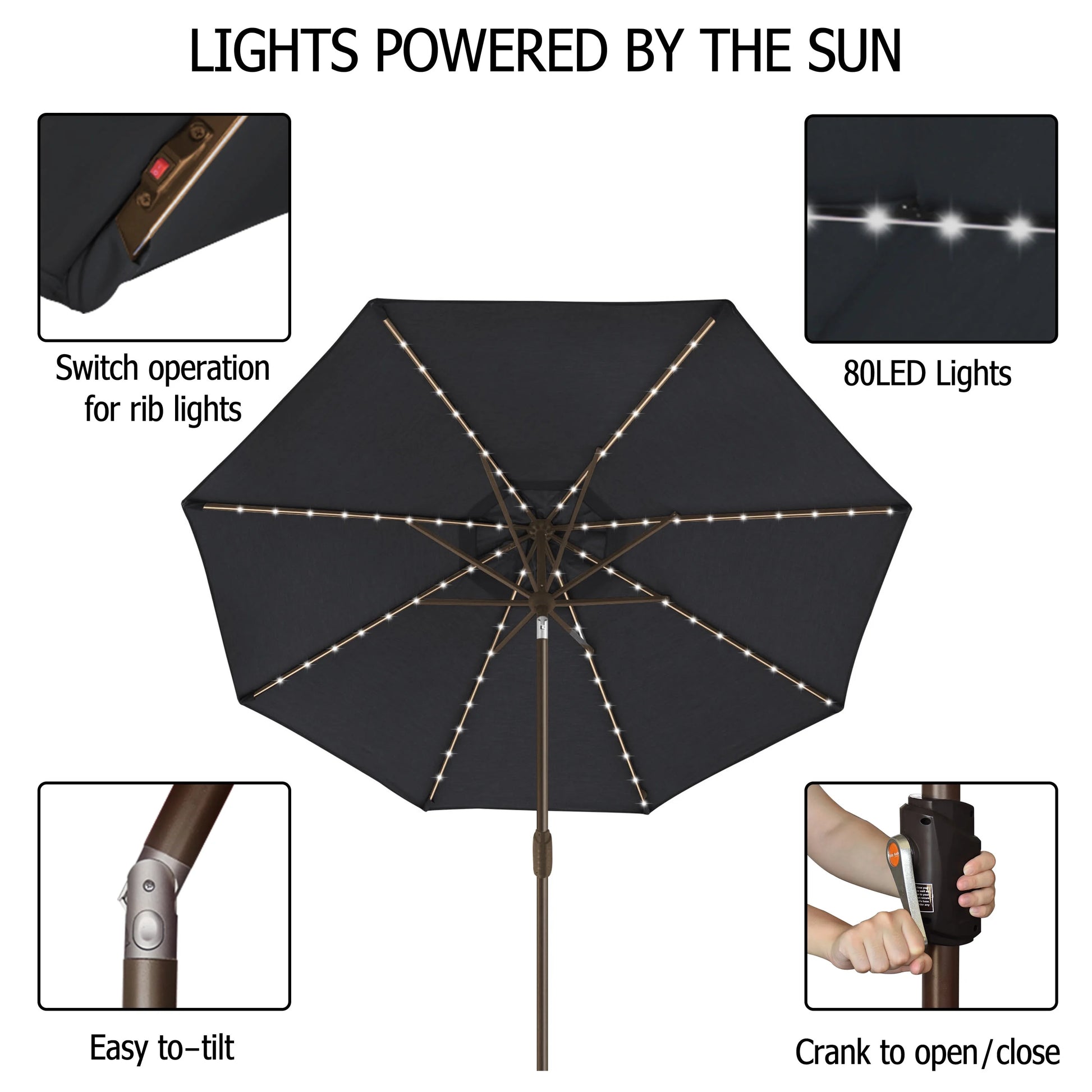 EliteShade Sunbrella Solar Umbrellas 9ft Market Umbrella with 80 LED Lights Patio Umbrellas Outdoor Table Umbrella with Ventilation and 5 Years Non-Fading Top,Coal