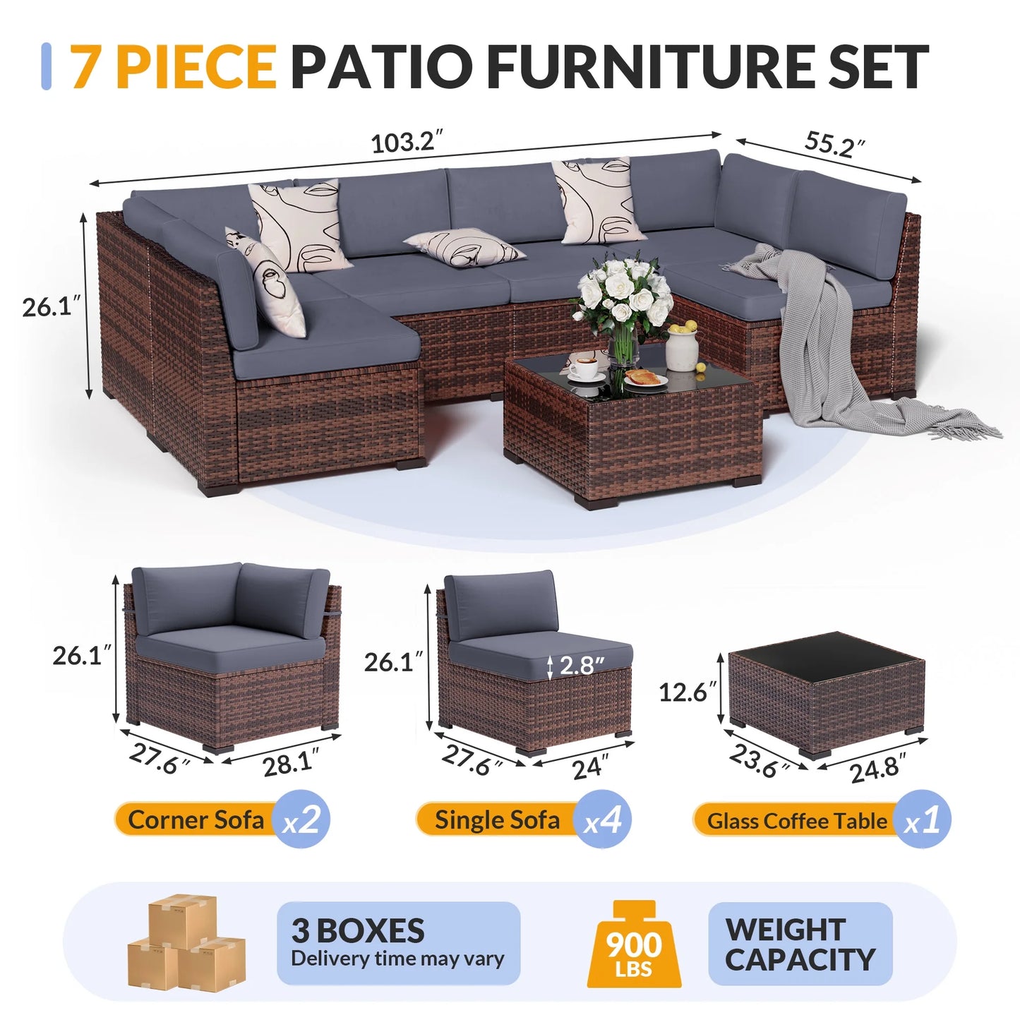 ELPOSUN 7 Pieces Patio Furniture Set, Outdoor Furniture Sectional Rattan Sofa for Backyard Garden Dark Grey