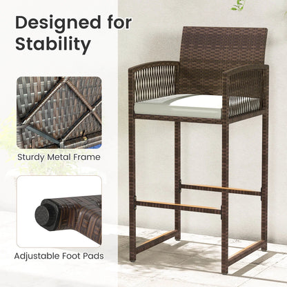 Costway Patio Bar Stools Set of 2 PE Rattan Bar Height Chairs with Backrests & Armrests
