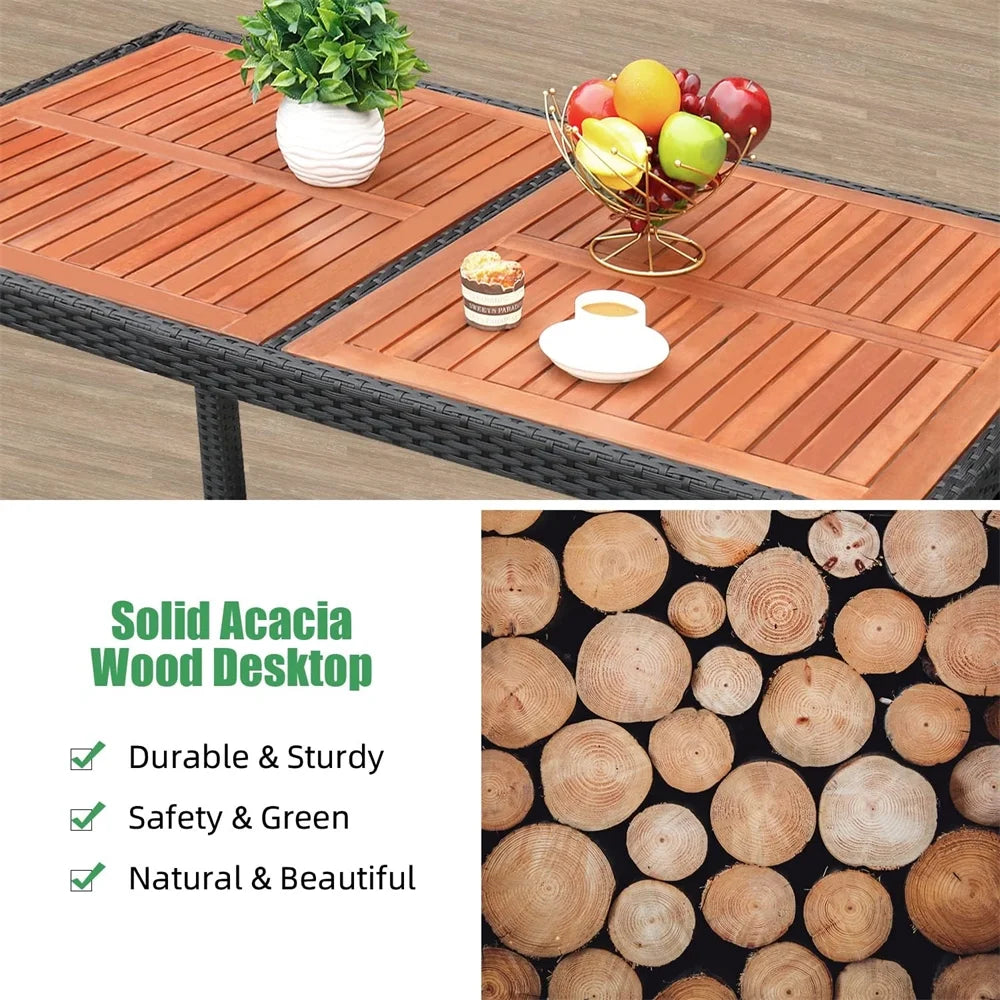 7 Pieces Outdoor Patio Dining Set, Patio Wicker Furniture Dining Set with 6 Chairs and Acacia Wood Top for Yard, Garden, Porch and Poolside, Black