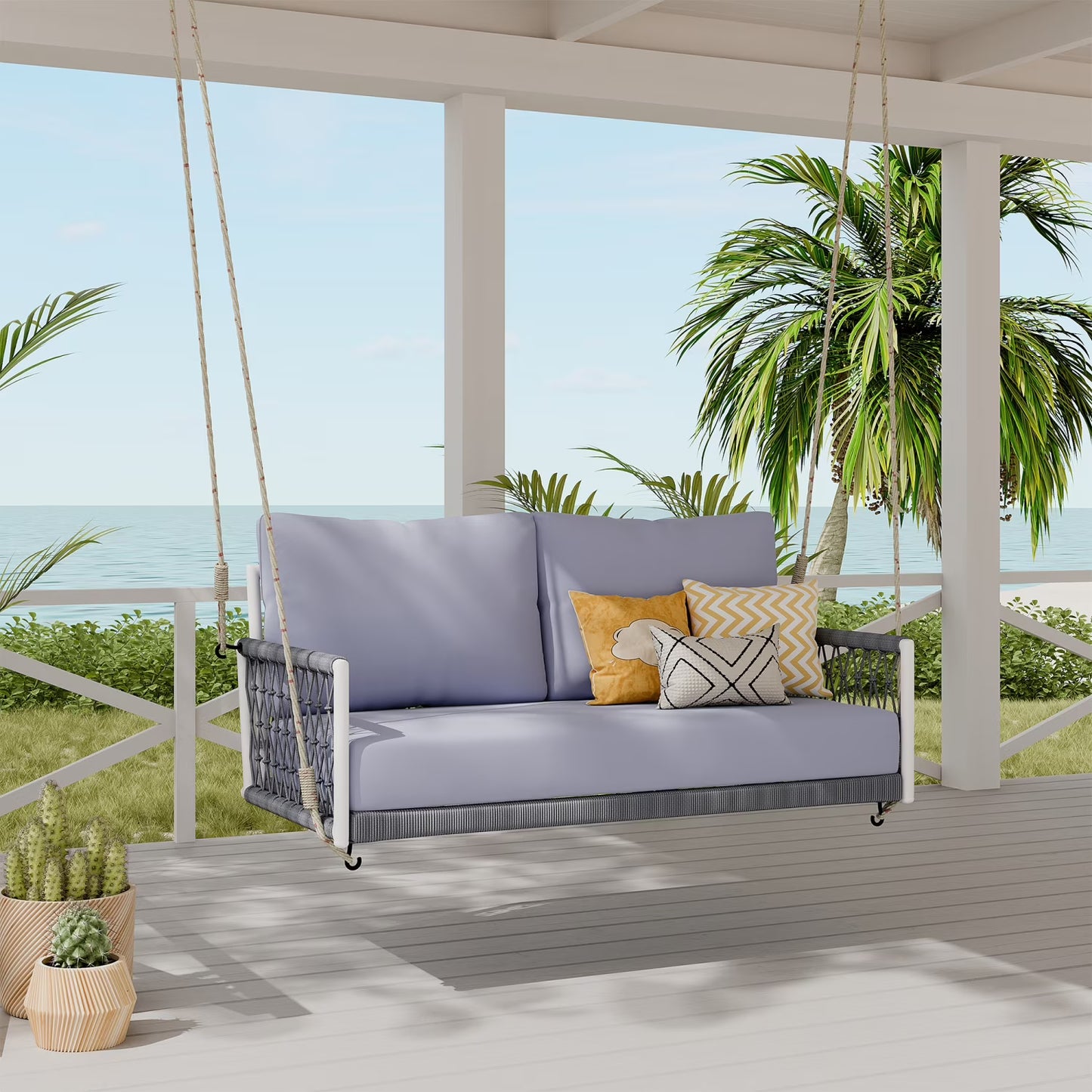 Harper & Bright Designs PE Ratten Porch Swing Chair, 2-Seater Hanging Swing Bench with Chains, All Weather Design Patio Furniture Swing for Backyard Garden Poolside, Grey and White
