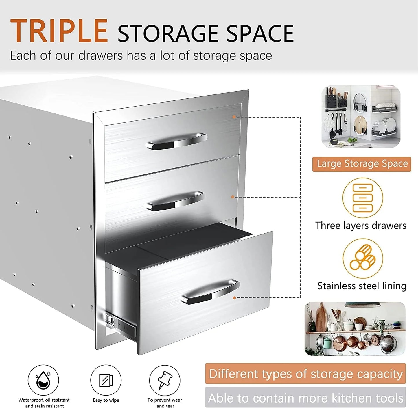 Outdoor Kitchen Drawers 14" W x 21" H x 23" D, Flush Mount Triple Access BBQ Drawers,BBQ Island Drawers for Outdoor Kitchens or BBQ Island Patio Grill Station