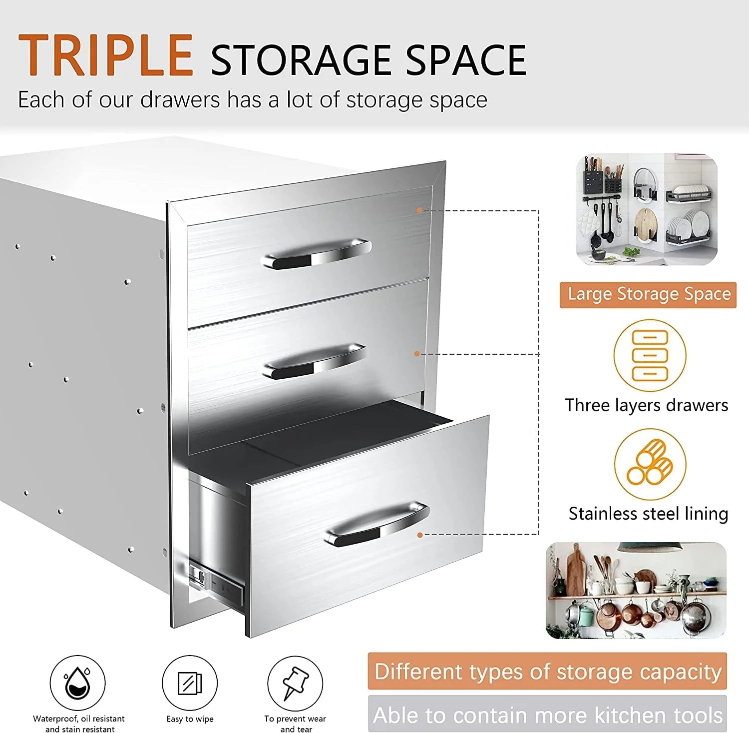Outdoor Kitchen Drawers 14" W x 21" H x 23" D, Flush Mount Triple Access BBQ Drawers,BBQ Island Drawers for Outdoor Kitchens or BBQ Island Patio Grill Station