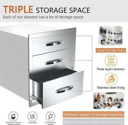 Outdoor Kitchen Drawers 14" W x 21" H x 23" D, Flush Mount Triple Access BBQ Drawers,BBQ Island Drawers for Outdoor Kitchens or BBQ Island Patio Grill Station