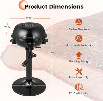 1600W Electric Grill Outdoor, 15-Serving Freestanding Camping Grill with Warming Rack, Removable Oil Drip Tray, Adjustable Temperature Control, Portable BBQ Grill for Patio, Backyard (Black)