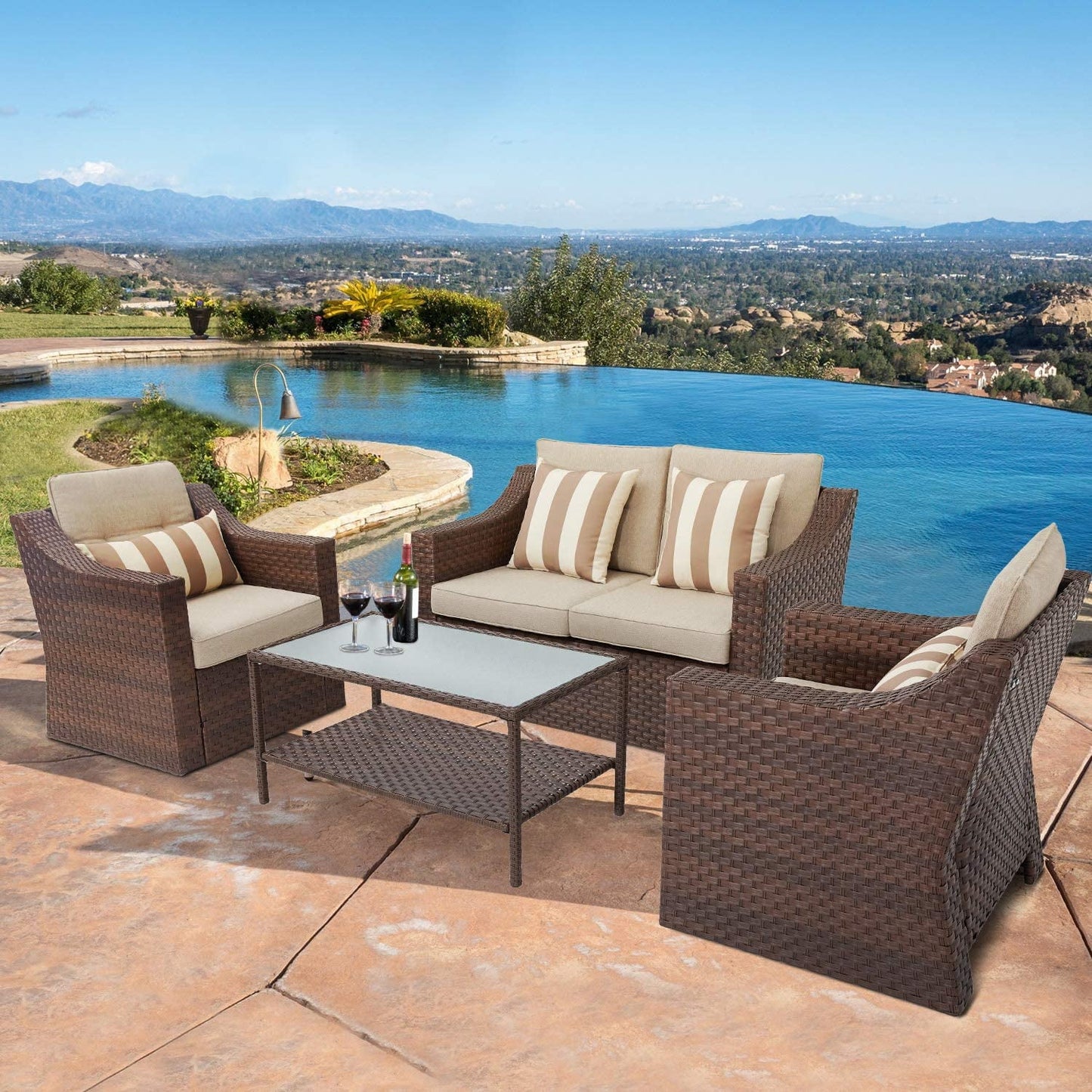SUNCROWN 4 Piece Outdoor Patio Sectional Set ,Rattan Wicker Furniture Conversation Set (Brown)