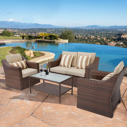 SUNCROWN 4 Piece Outdoor Patio Sectional Set ,Rattan Wicker Furniture Conversation Set (Brown)