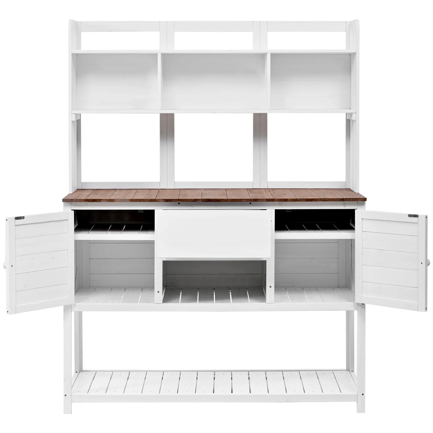Garden Potting Bench Table with Hutch, Patio Storage Workstation with Adjustable Shelves, 1 Drawer, 2 Cabinets and 3 Side Hooks for Mudroom, Doorway, White
