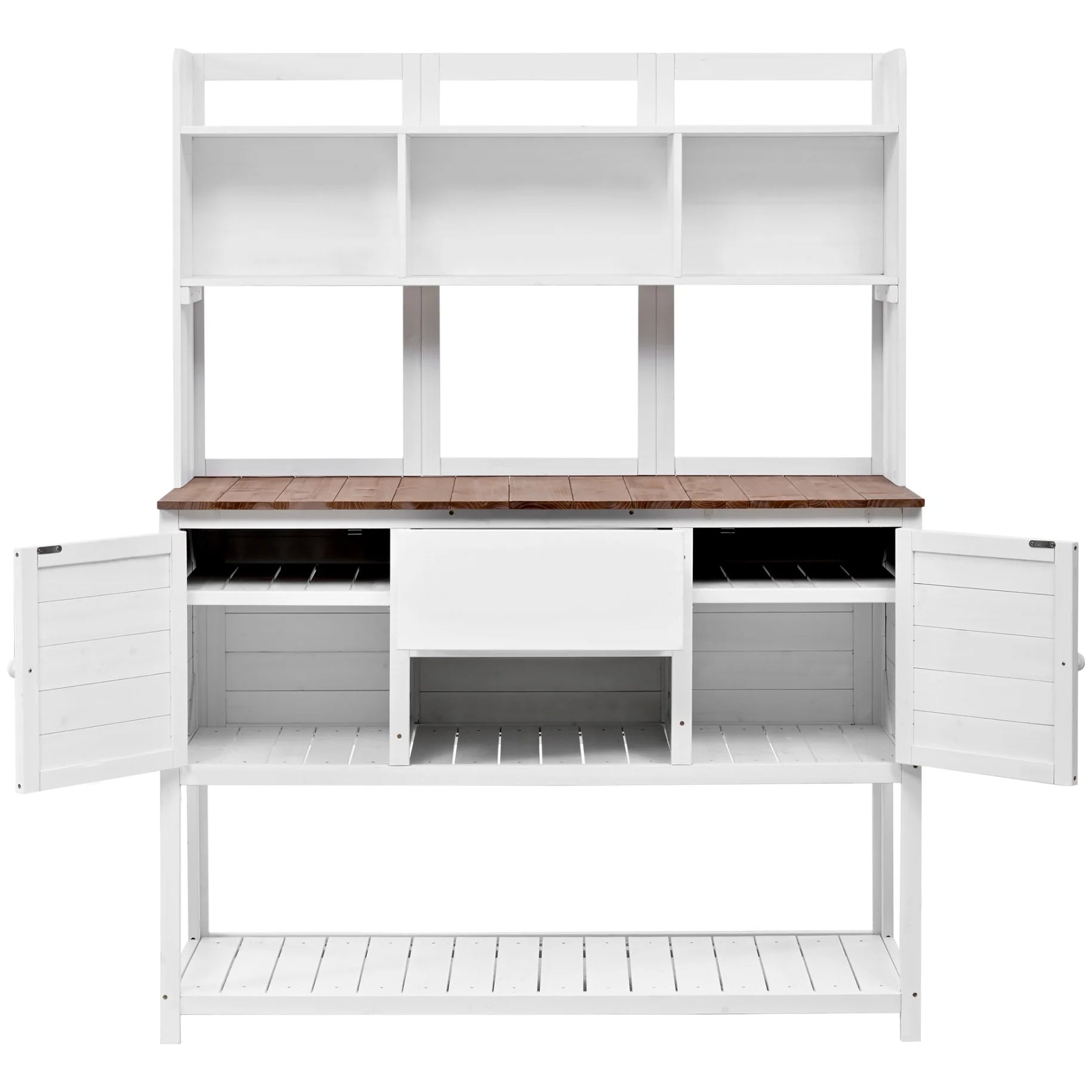 Garden Potting Bench Table with Hutch, Patio Storage Workstation with Adjustable Shelves, 1 Drawer, 2 Cabinets and 3 Side Hooks for Mudroom, Doorway, White