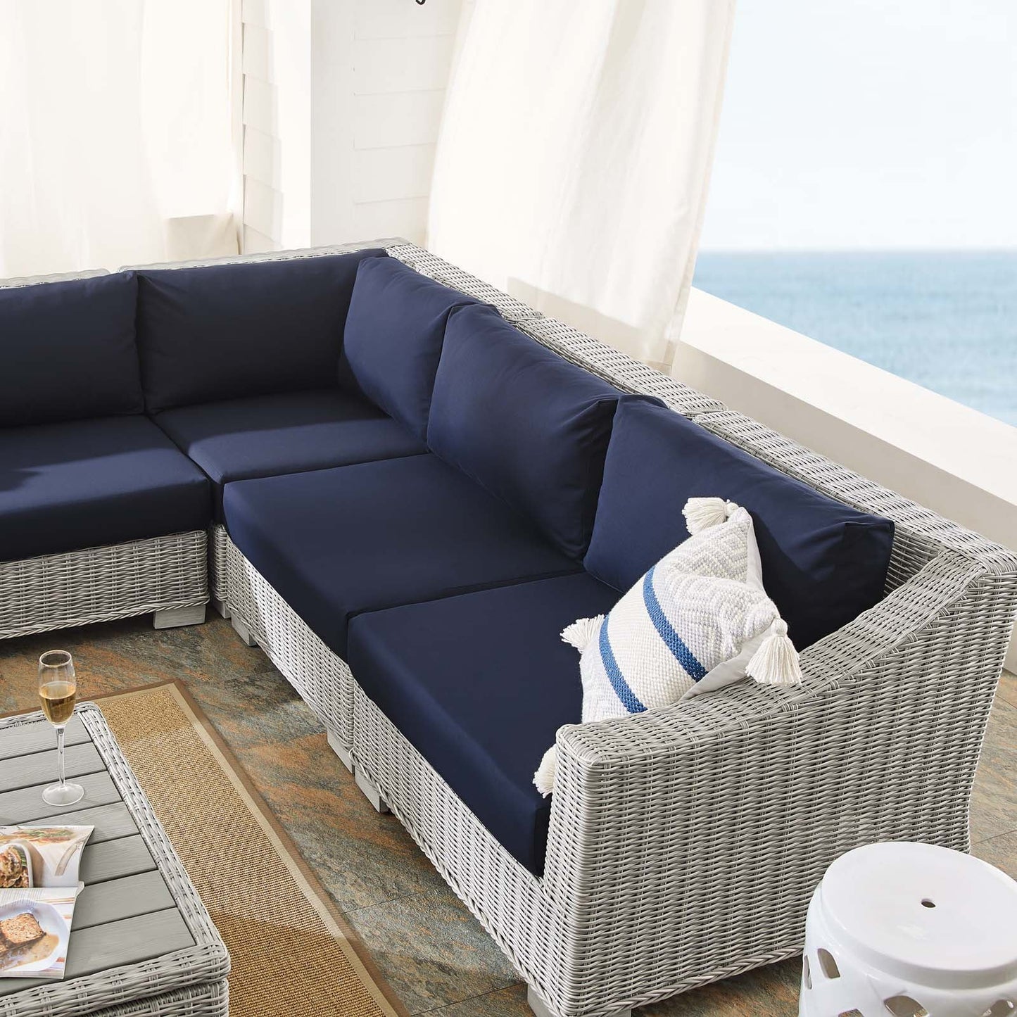 Lounge Sectional Sofa Chair Table Set, Rattan, Wicker, Light Grey Gray Blue Navy, Modern Contemporary Urban Design, Outdoor Patio Balcony Cafe Bistro Garden Furniture Hotel Hospitality