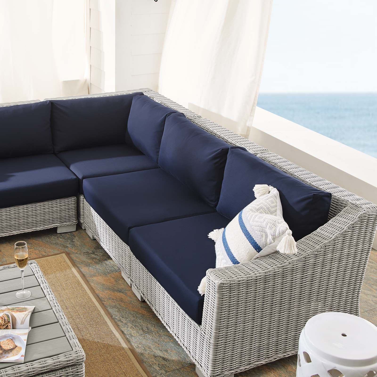 Lounge Sectional Sofa Chair Table Set, Rattan, Wicker, Light Grey Gray Blue Navy, Modern Contemporary Urban Design, Outdoor Patio Balcony Cafe Bistro Garden Furniture Hotel Hospitality
