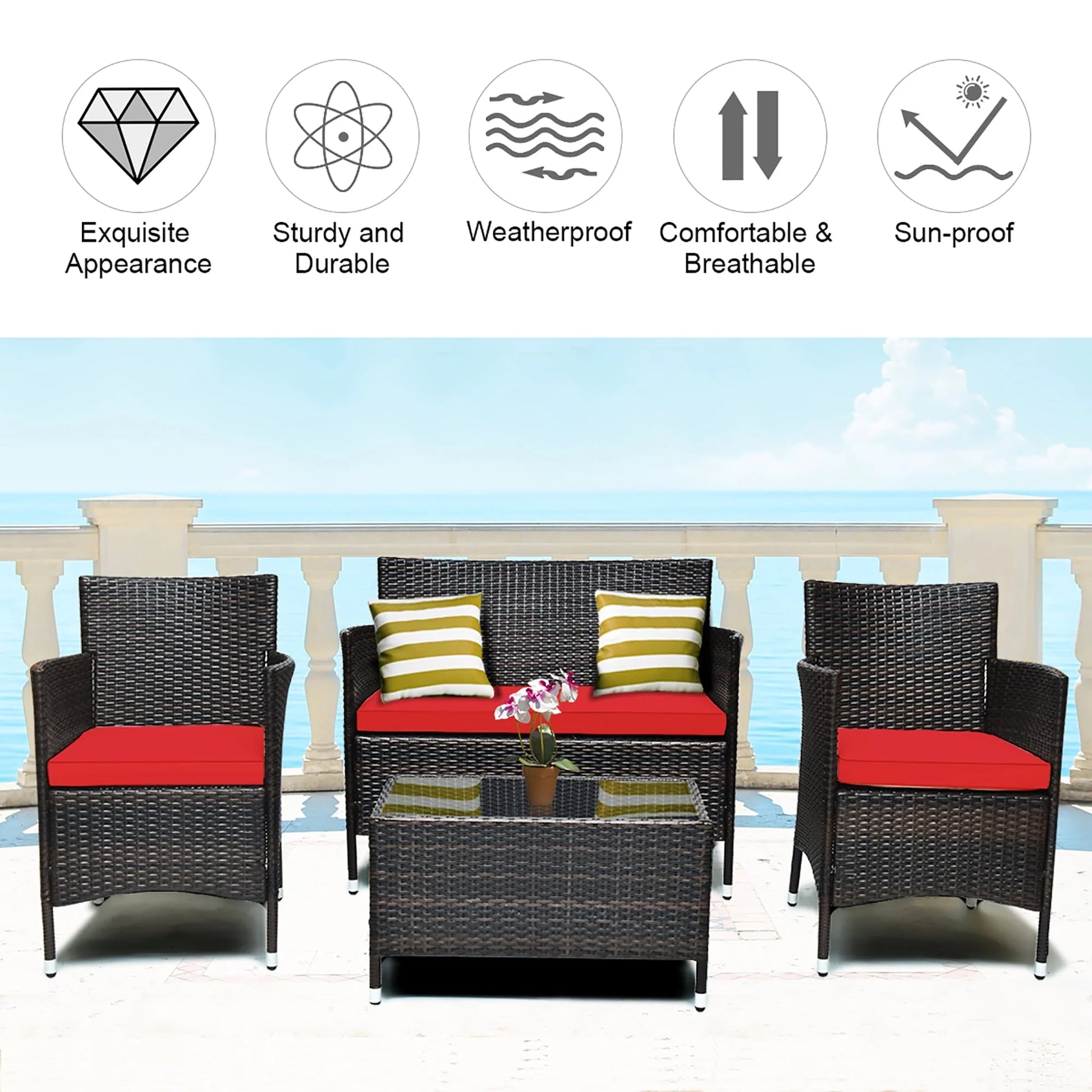 Costway 4PCS Rattan Patio Furniture Set Cushioned Sectional Sofa Chair Coffee Table Red