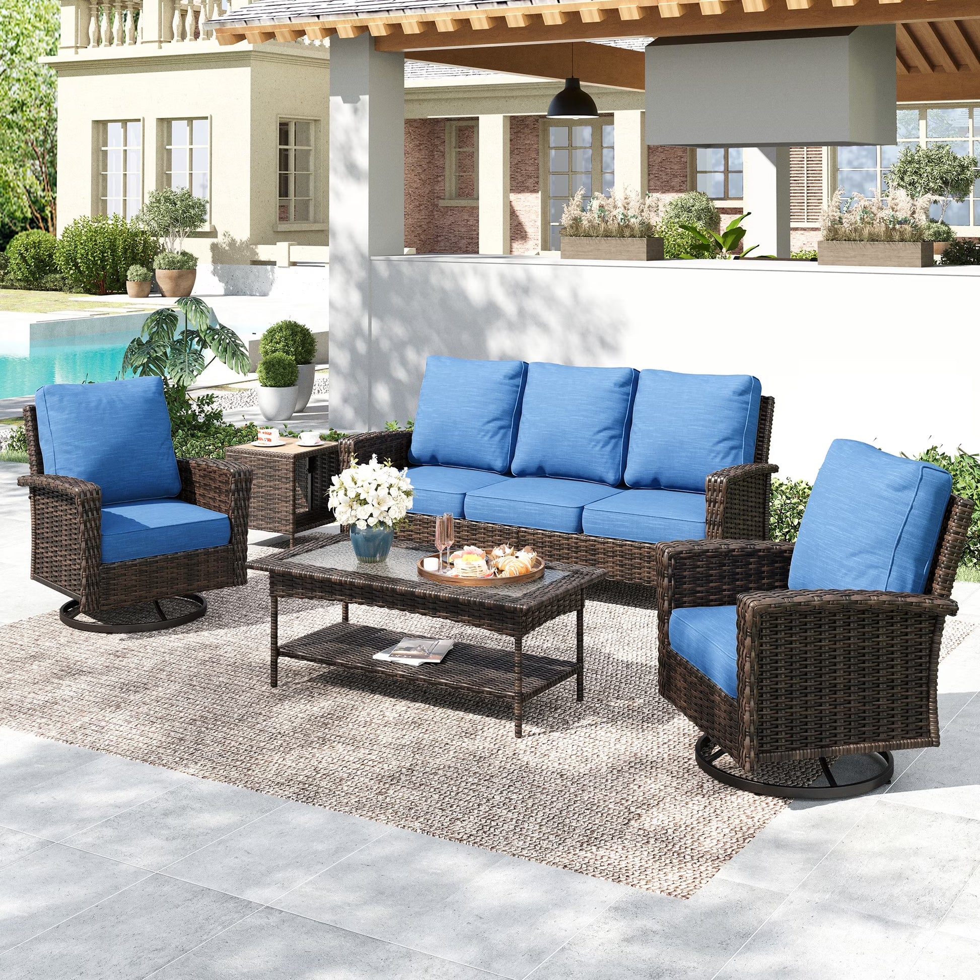 Summit Living 5-Seat Wicker Patio Furniture Set with 2 Swivel Chairs & 3-Seat Sofa with 2 pieces Coffee Table, Outdoor Rattan Sectional Conversation Set, Light-gray