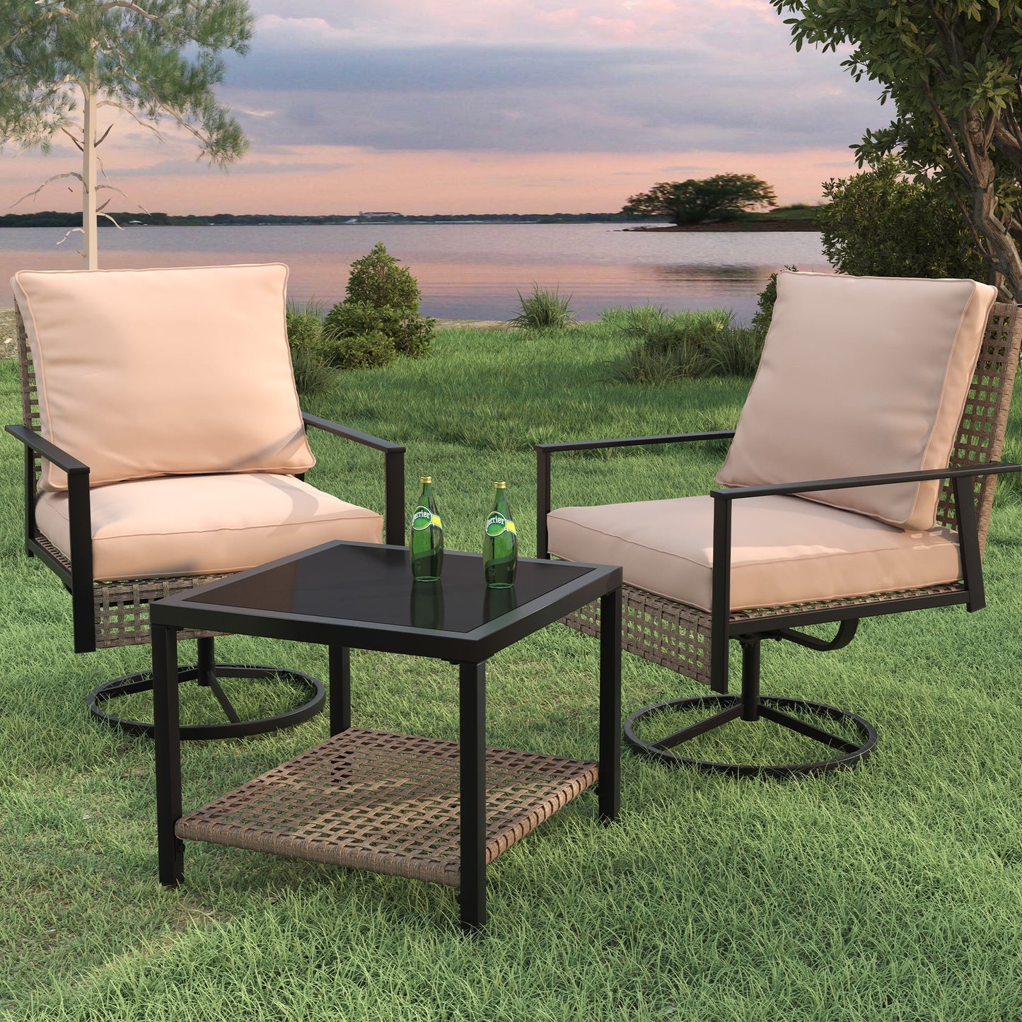 Ainfox Premium Patio Swivel Bistro Set,3-Piece Ourdoor Furniture Set,Wicker Rattan Coversation Rocking Chairs w/Glass Top Table & Cushions,Khaki
