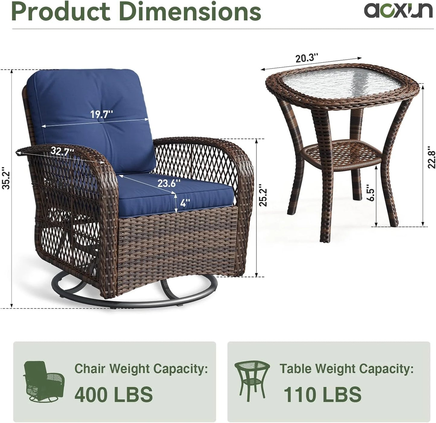Aoxun 3 Pieces Patio Furniture Set, Patio Swivel Rocker Chairs Set of 2, Wicker Outdoor Bistro Set with Rocking Chair, Thickened Cushions and Table for Porch (Red)