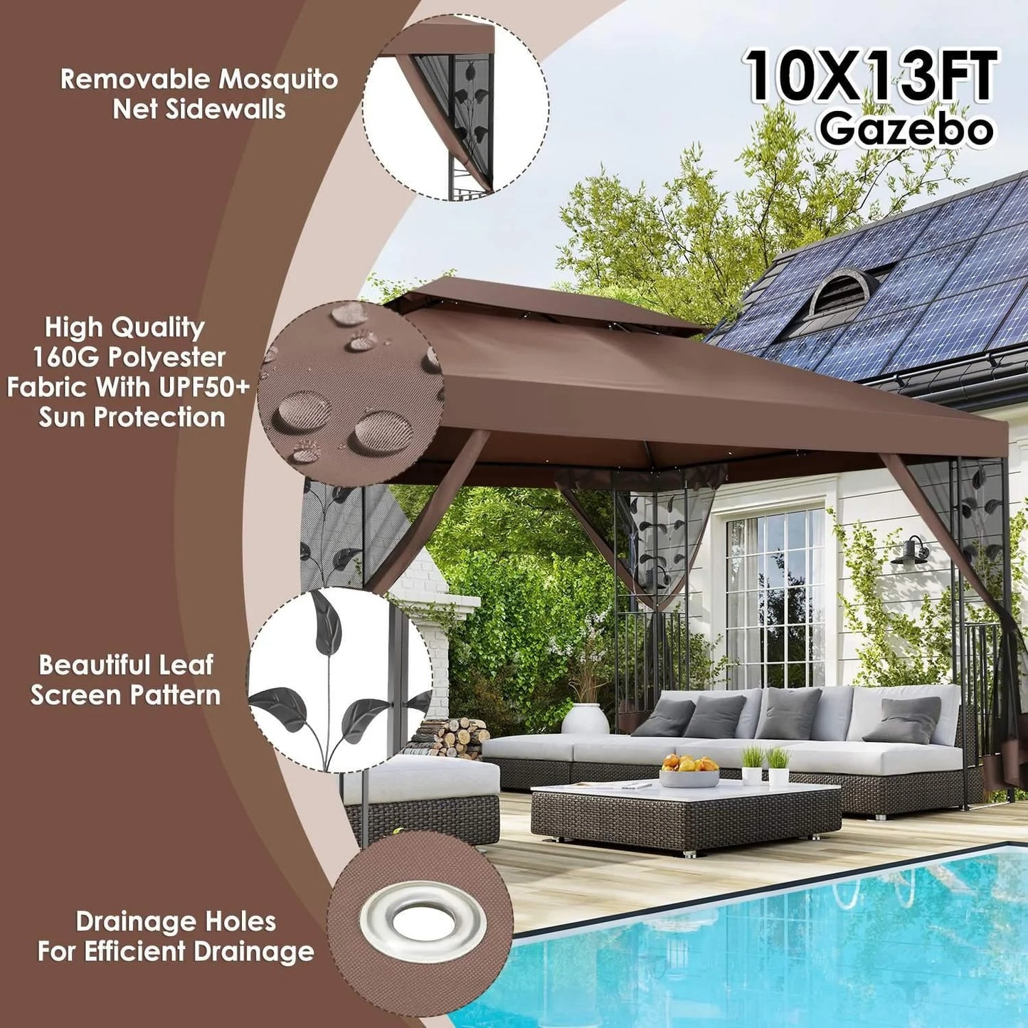 SANOPY Outdoor Gazebo Canopy with 4 Detachable Mosquito Nets, UV and Rainproof Gazebo Patio Easy to Assemble with Double Eaves, Top Drainage Hole Design, Suit for Terrace, Lawn, Garden