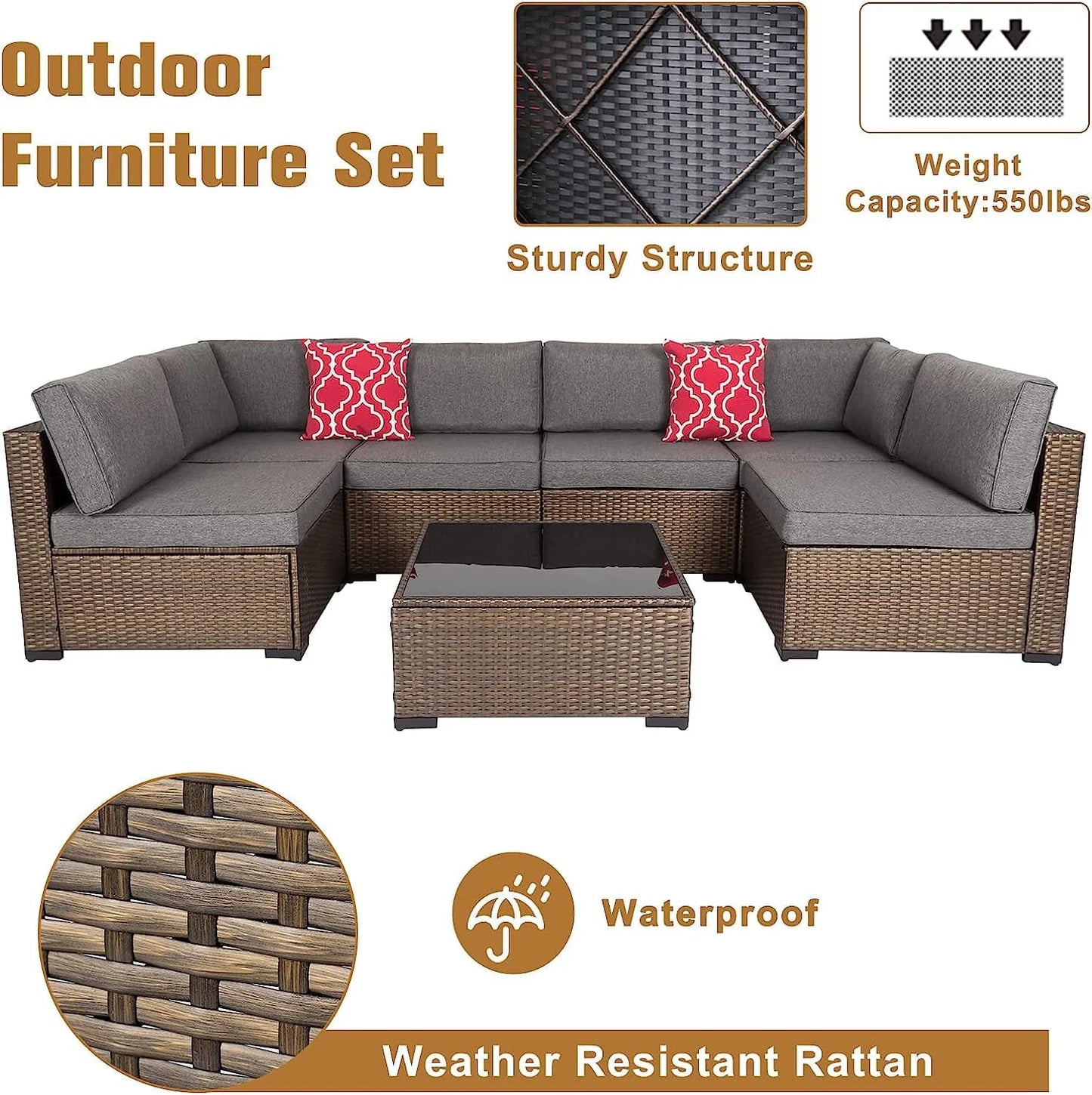Kinbor 7pcs Patio Rattan Wicker Rattan Outdoor Sectional Sofa Set with Gray Cushions