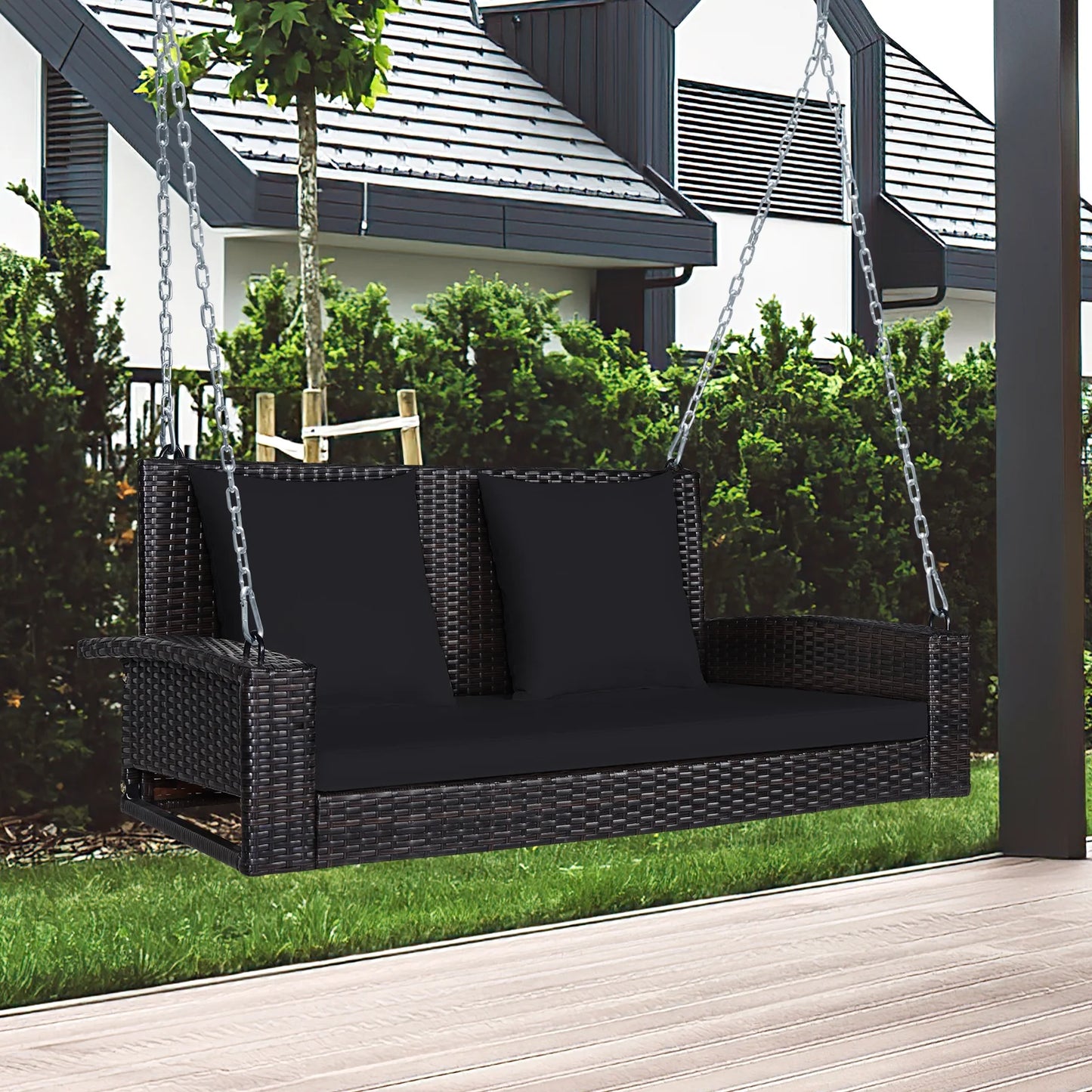 Topbuy Outdoor Wicker Porch Swing Bench 2-Person Patio Rattan Swing Chair W/Soft Cushions Black