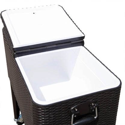 Outdoor 80QT Portable Rolling Patio Rattan Ice Chest Party Cooler Cart Brown