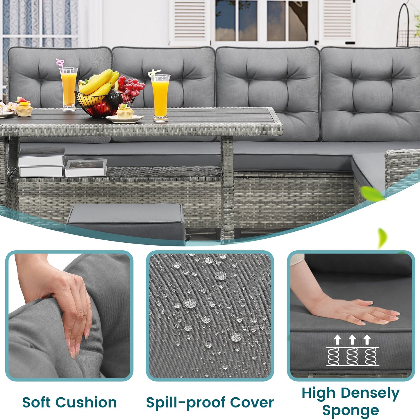 LOGYAT 6 Piece All Weather Outdoor Sectional Set, with 2 Sofas, 2 Ottomans with 1 Table, Patio Conversation Furniture for Deck, Garden, Natural Wicker and Black Cushions