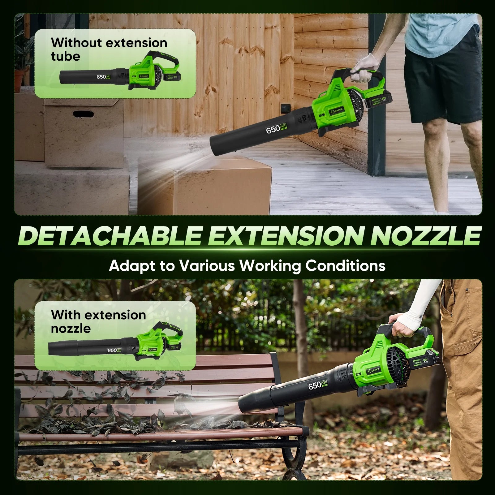 Saker Cordless Leaf Blower with 2x 5.2Ah Batteries, 650CFM, 150MPH, 3 Speed Levels, Electric Leaf Blower for Lawn Care, Leaves Blowing, Patio Cleaning