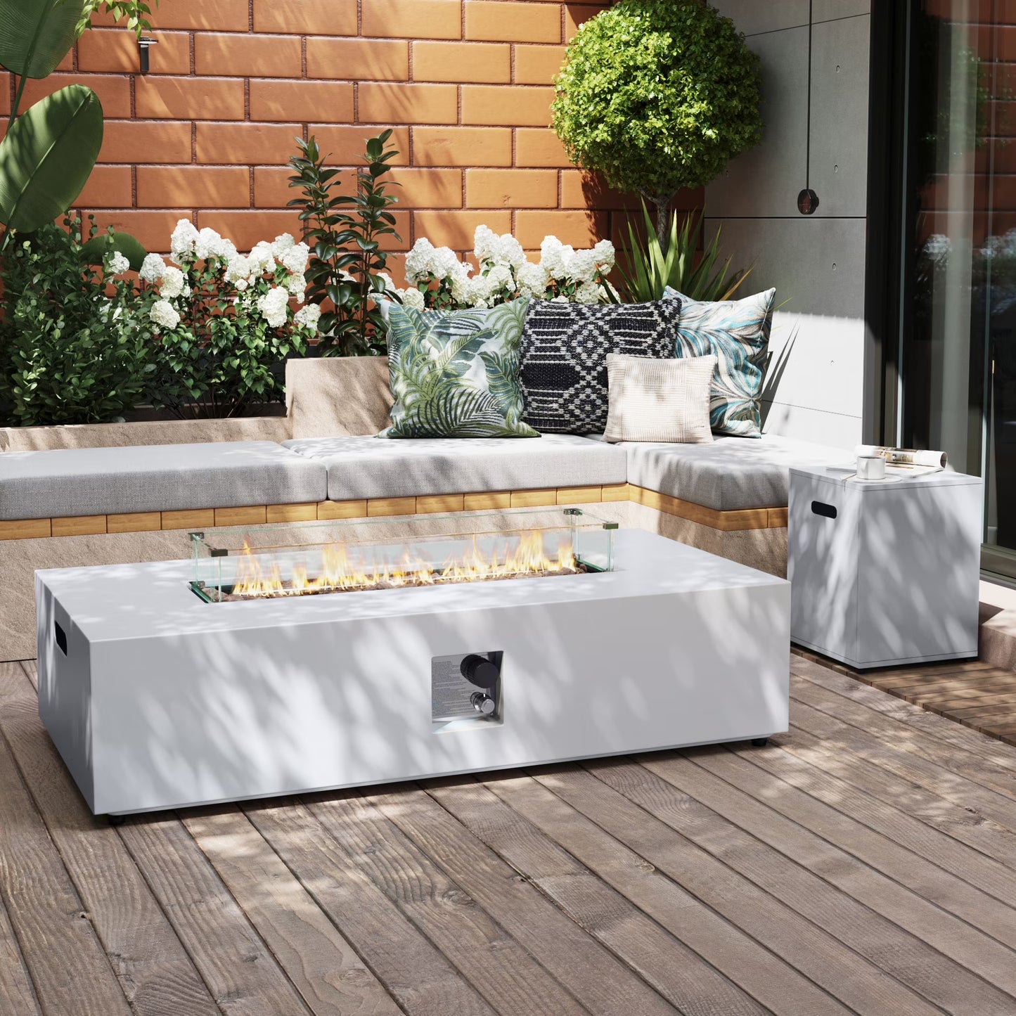 UPHA 56-inch Outdoor Propane Rectangle Fire Pit Table 50000 BTU Iron Gas FirePit for Outside Patio with Tank Cover, Removable Lid, Lava Rocks, Rain Cover, Grey