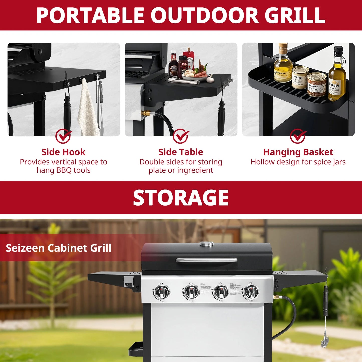 4000BTU Propane Gas Grill, Seizeen Stainless Steel 4-Burner BBQ Grill , Outdoor Patio Camping Portable Grill w/Foldable Side Table, Hanging Basket, Steel Brush, Universal Wheels