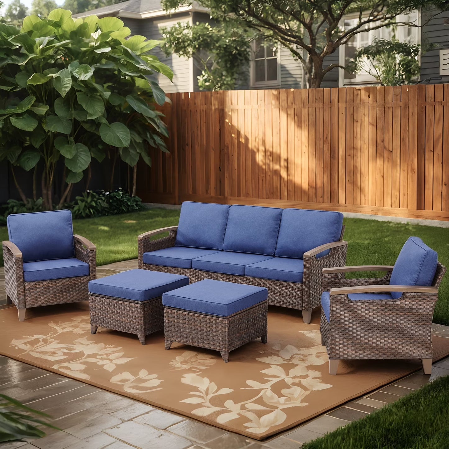 Buenhomino 5 Pieces Patio Furniture Set, Outdoor Wicker Sofa Couch with 2 Rattan Chair, 2 Ottomans and Comfy Cushions, All Weather High Back Conversation Set for Backyard Porch Garden