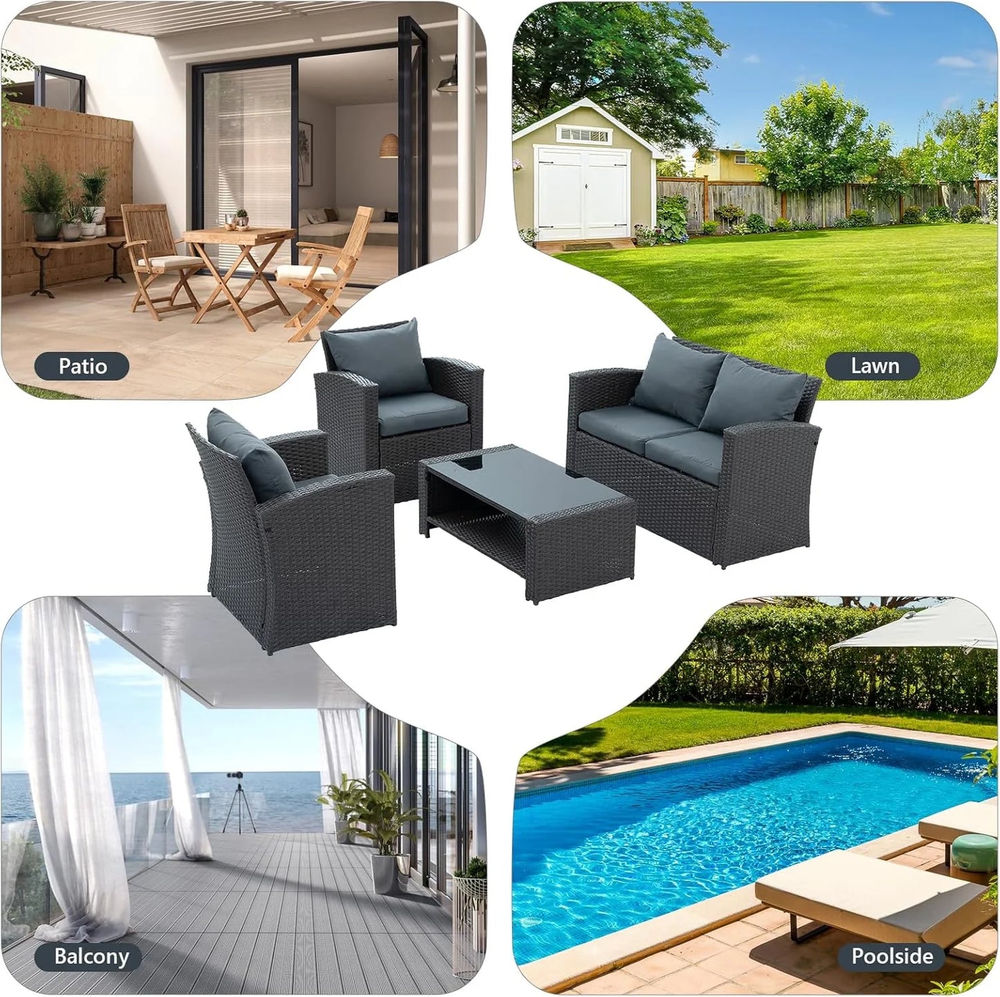 HighSound 4 Piece Patio Furniture Set, Outdoor Wicker Patio Sectional Sofa, All Weather PE Rattan Outdoor Sectional with Cushions & Coffee Table, Dark Gray
