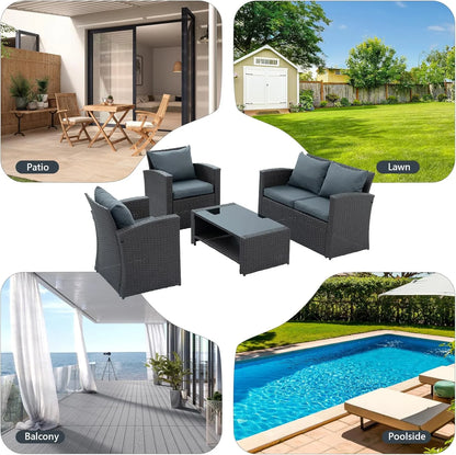 HighSound 4 Piece Patio Furniture Set, Outdoor Wicker Patio Sectional Sofa, All Weather PE Rattan Outdoor Sectional with Cushions & Coffee Table, Dark Gray