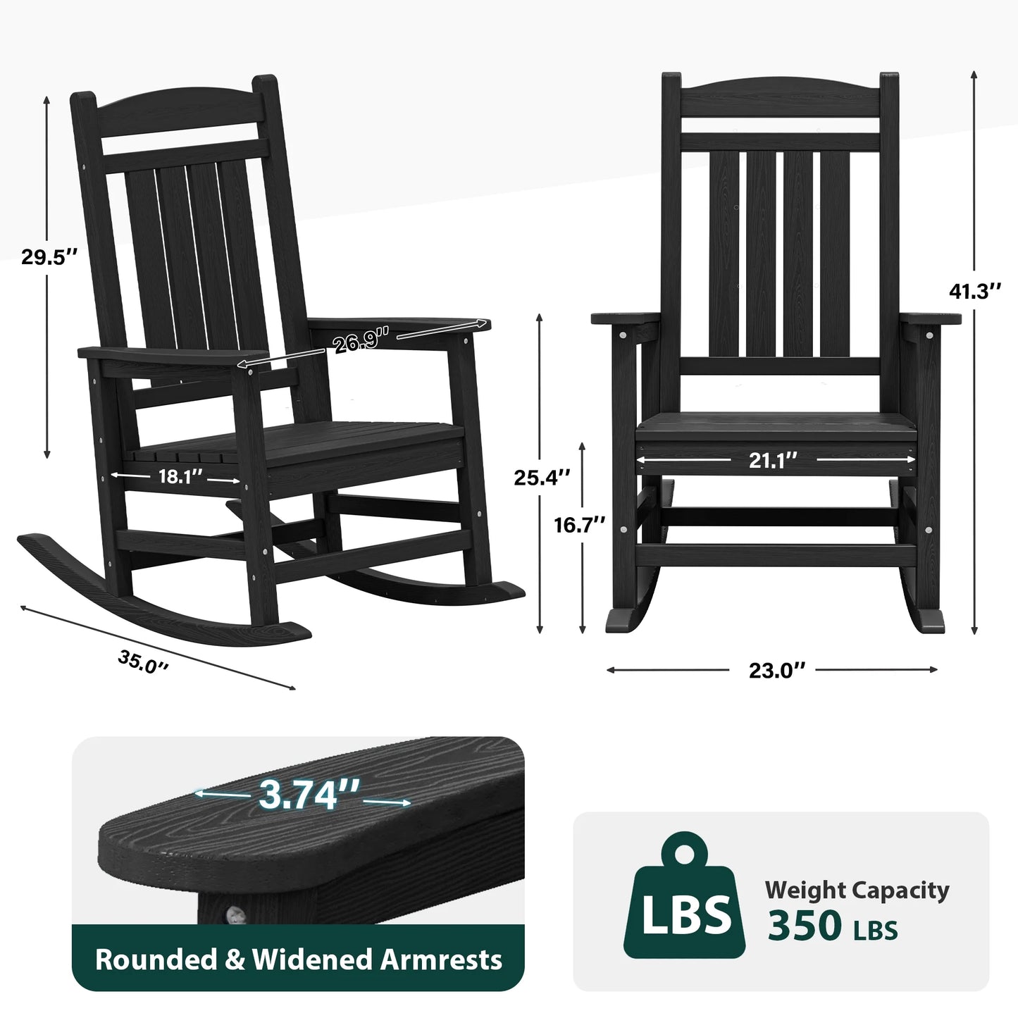 KINGYES HDPE Outdoor Rocking Chairs Set of 2,HDPE Patio Rocker for Porch,Black