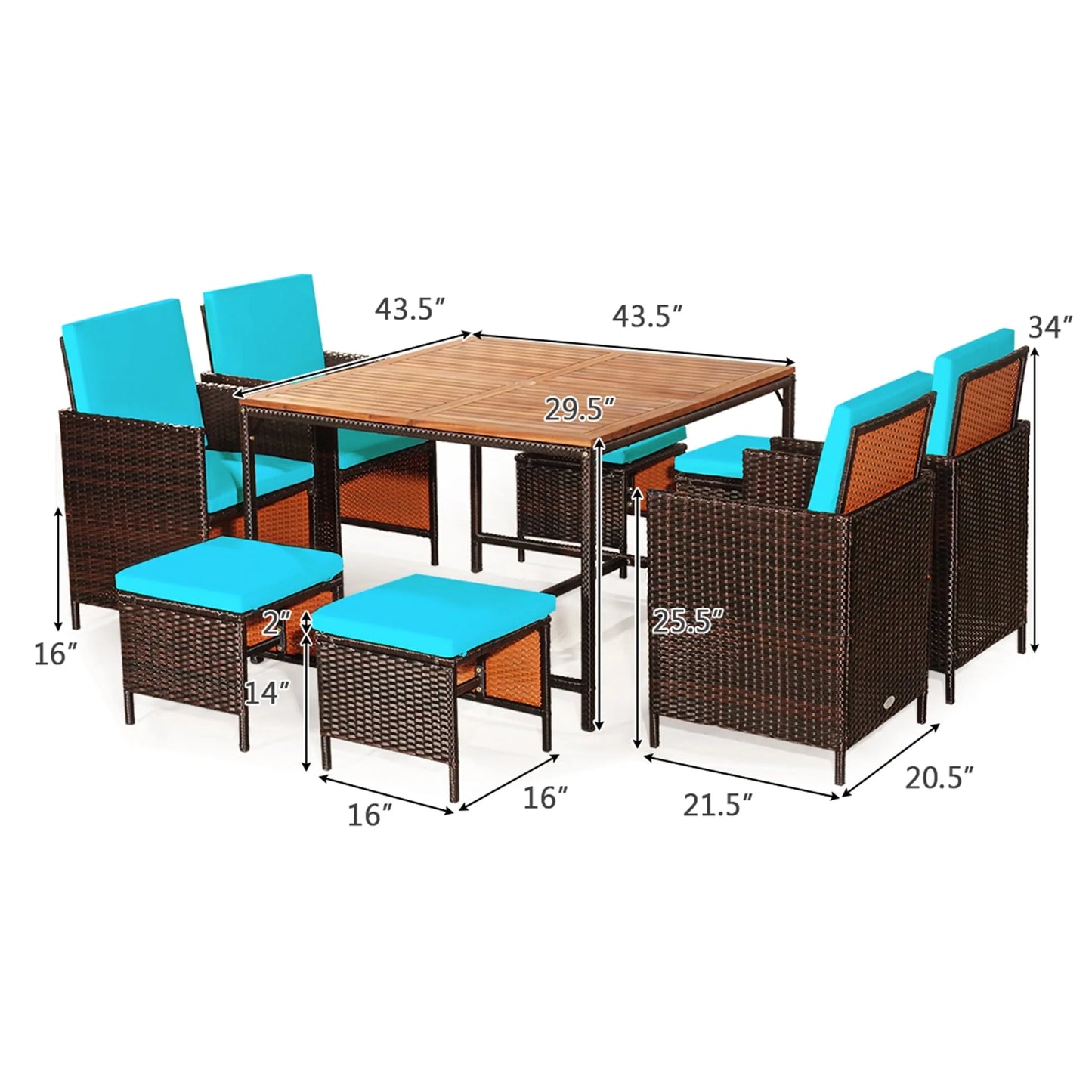 Gymax 9PCS Rattan Wicker Patio Dining Set Outdoor Furniture Set w/Turquoise Cushion