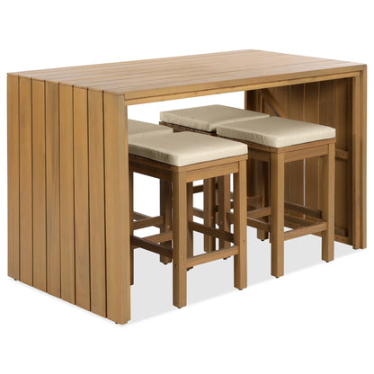 YIYADO 5-Pcs Outdoor Bar Set, Acacia Wood Table & Stools with Cushions for Patio, Poolside, Balcony