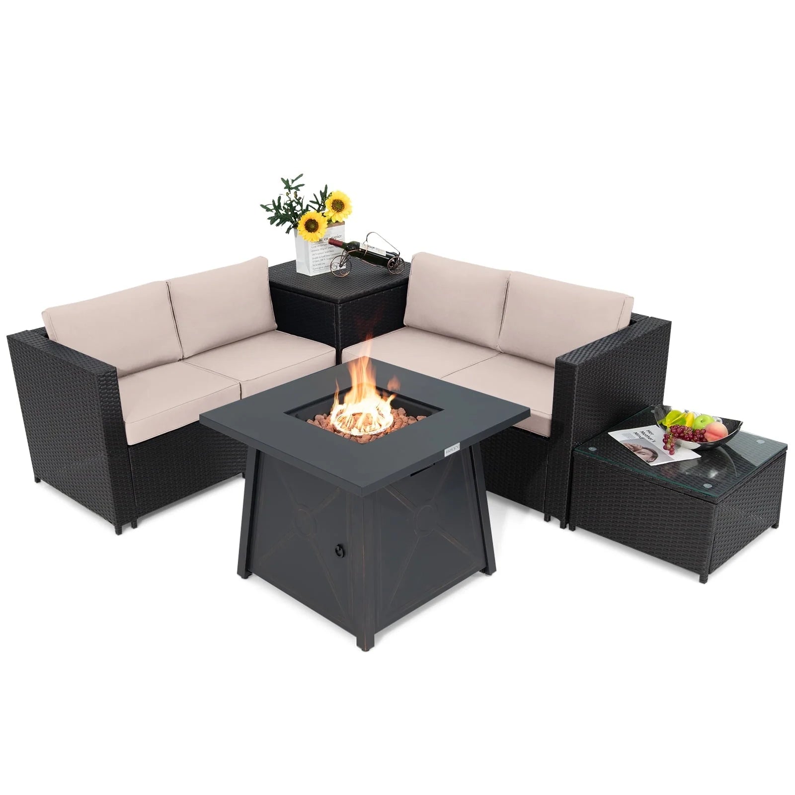Topbuy 5-Piece Outdoor Patio Furniture Set with 50,000 BTU Propane Fire Pit Table Patio PE Wicker Conversation Set with Cushions Storage Box and Tempered Glass Coffee Table Beige