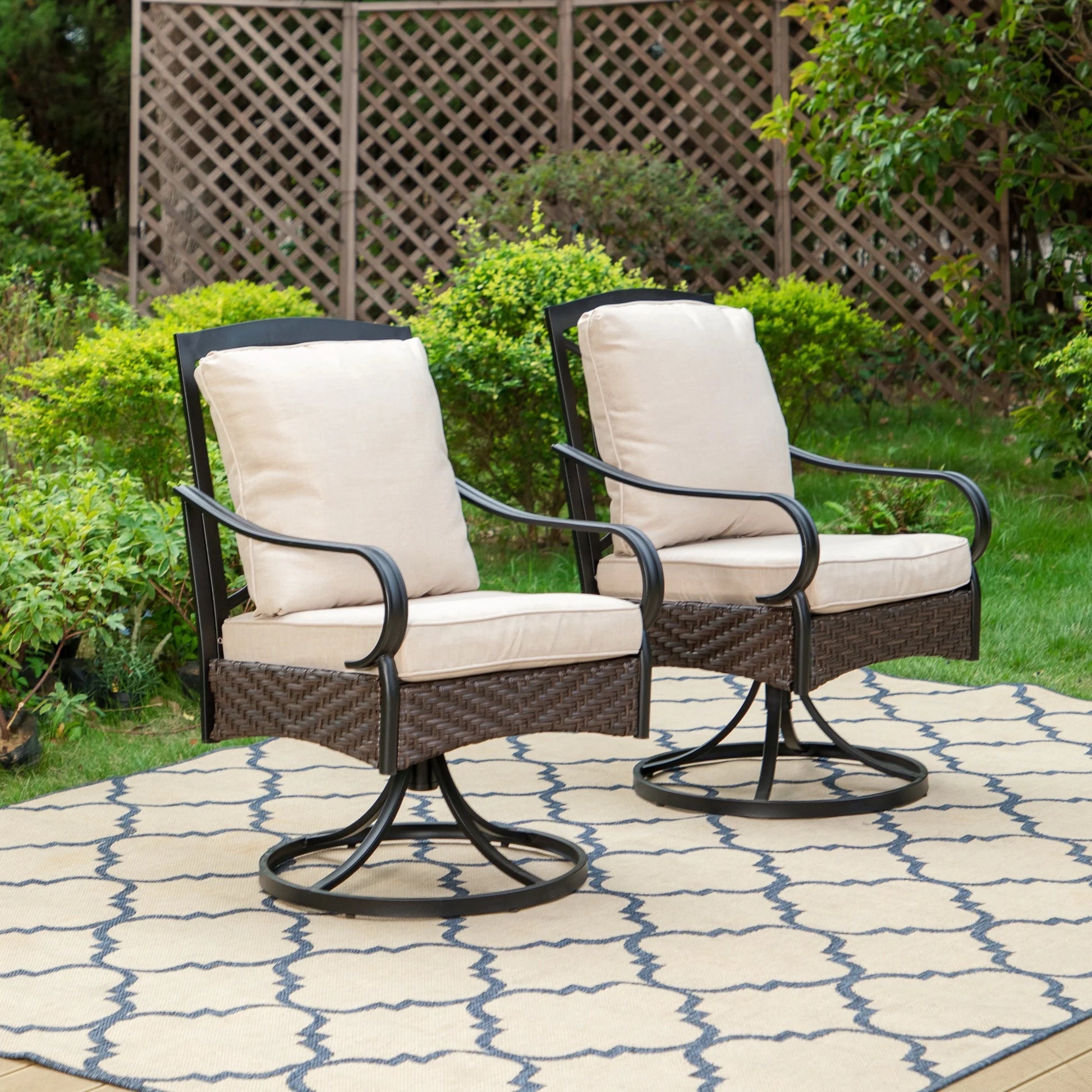 Summit Living Outdoor Patio Swivel Dining Chairs Set of 2 with Cushions, Wicker Outdoor Lounge Chair, Black & Beige