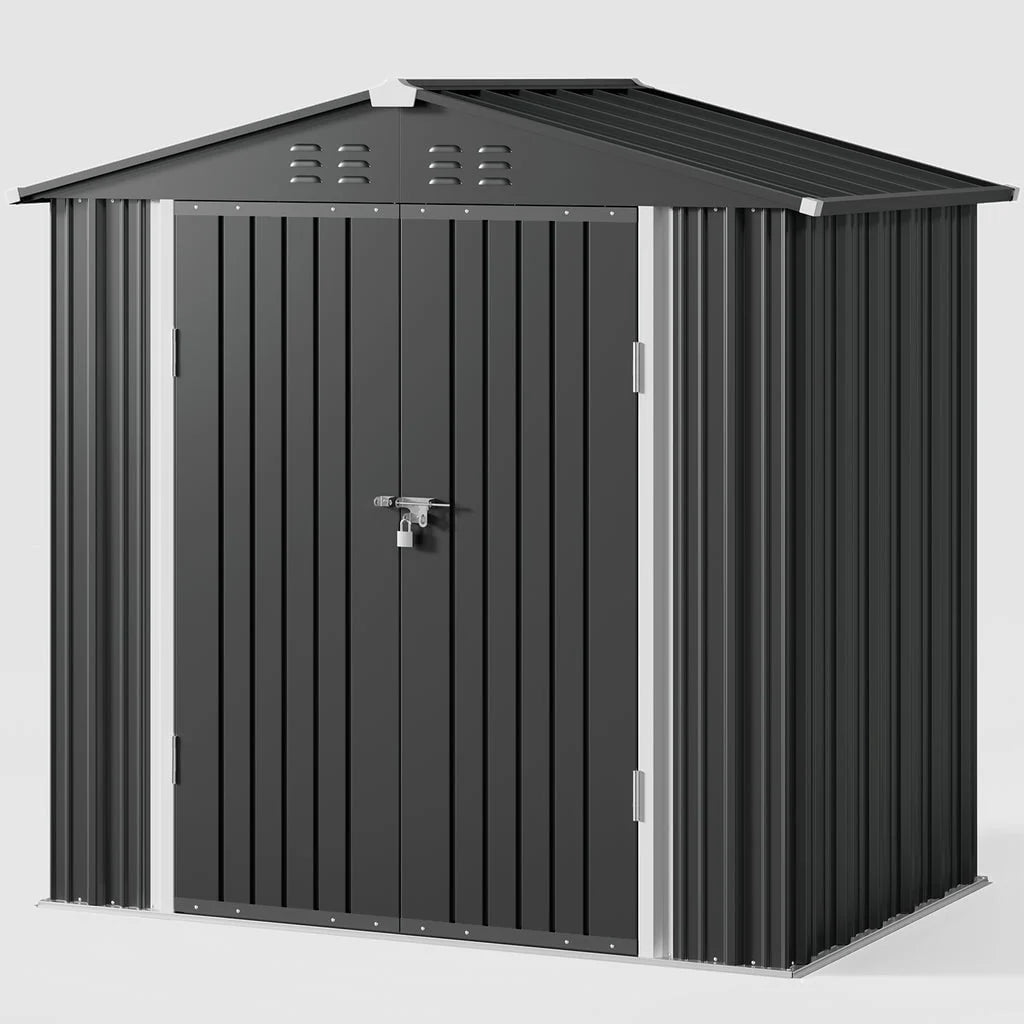 Aiho 6 x 4 FT Outdoor Storage Shed on Clearance with Metal Base Frame and Double Lockable Doors for Garden, Patio- Grey