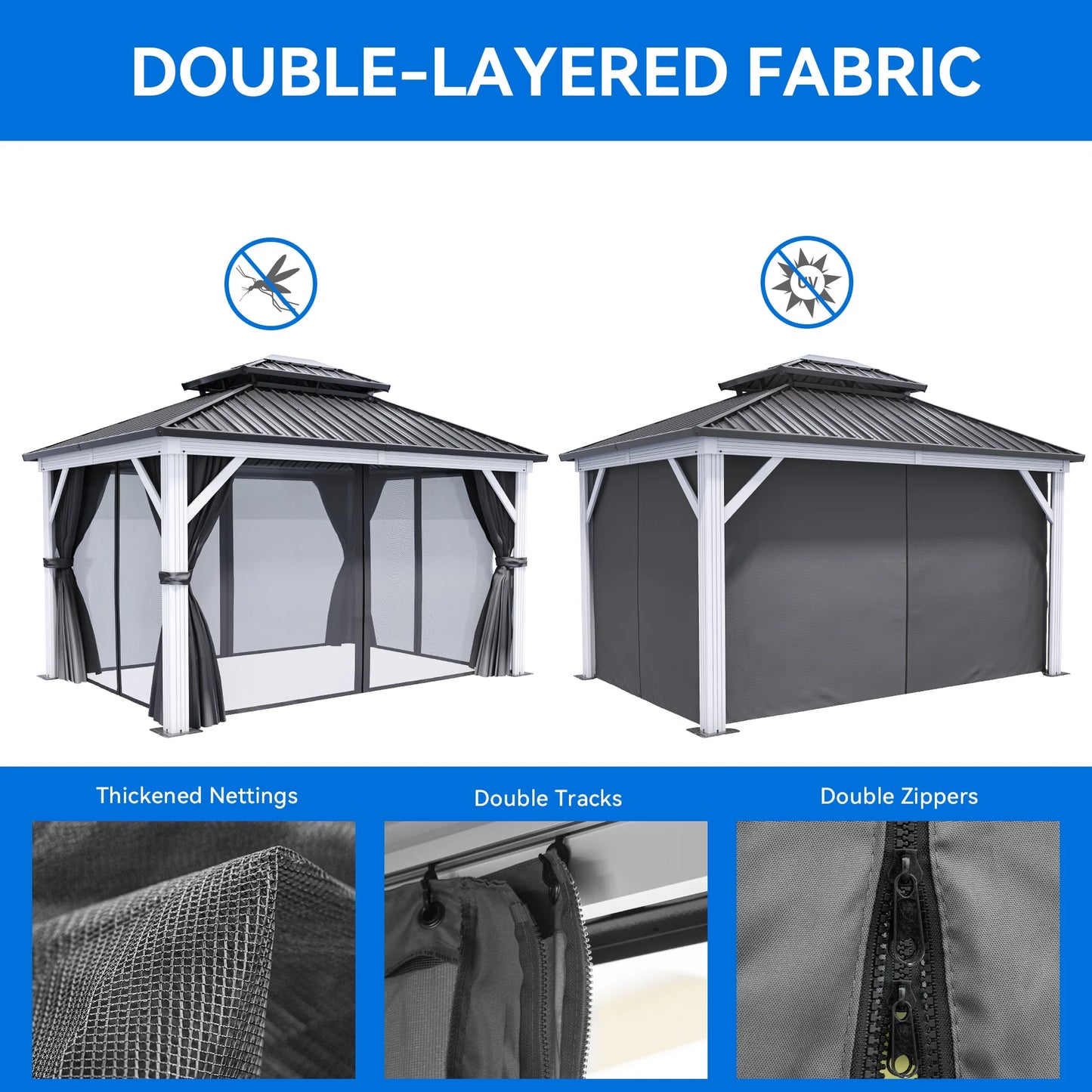 Dextrus 10x12ft Double Roof Hardtop Gazebo with Netting& Curtains, Double Galvanized Iron Aluminum Frame Outdoor White Gazebo,Ideal for Patio, Backyard,Deck and Lawns,Grey Curtain