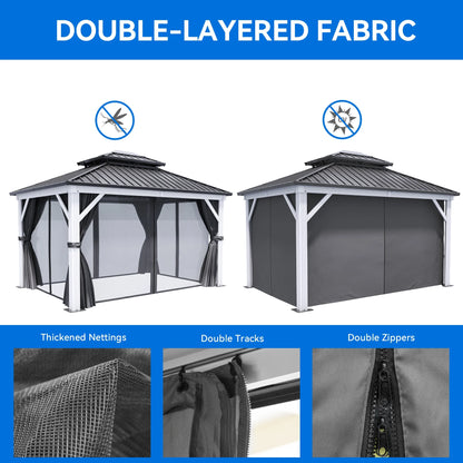 Dextrus 10x12ft Double Roof Hardtop Gazebo with Netting& Curtains, Double Galvanized Iron Aluminum Frame Outdoor White Gazebo,Ideal for Patio, Backyard,Deck and Lawns,Grey Curtain