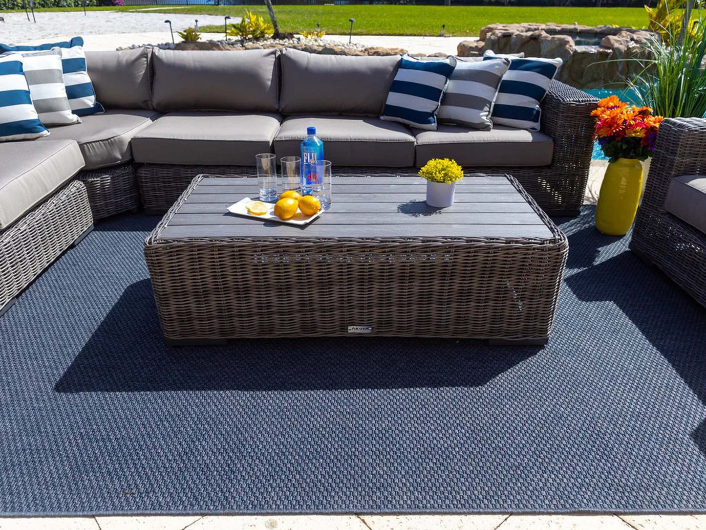Malmo 18-Piece Resin Wicker Outdoor Patio Furniture Combination Set in Gray w/Sectional Set, Eight-seat Dining Set, and Chaise Lounge Set (Full-Round Gray Wicker, Polyester Light Gray)