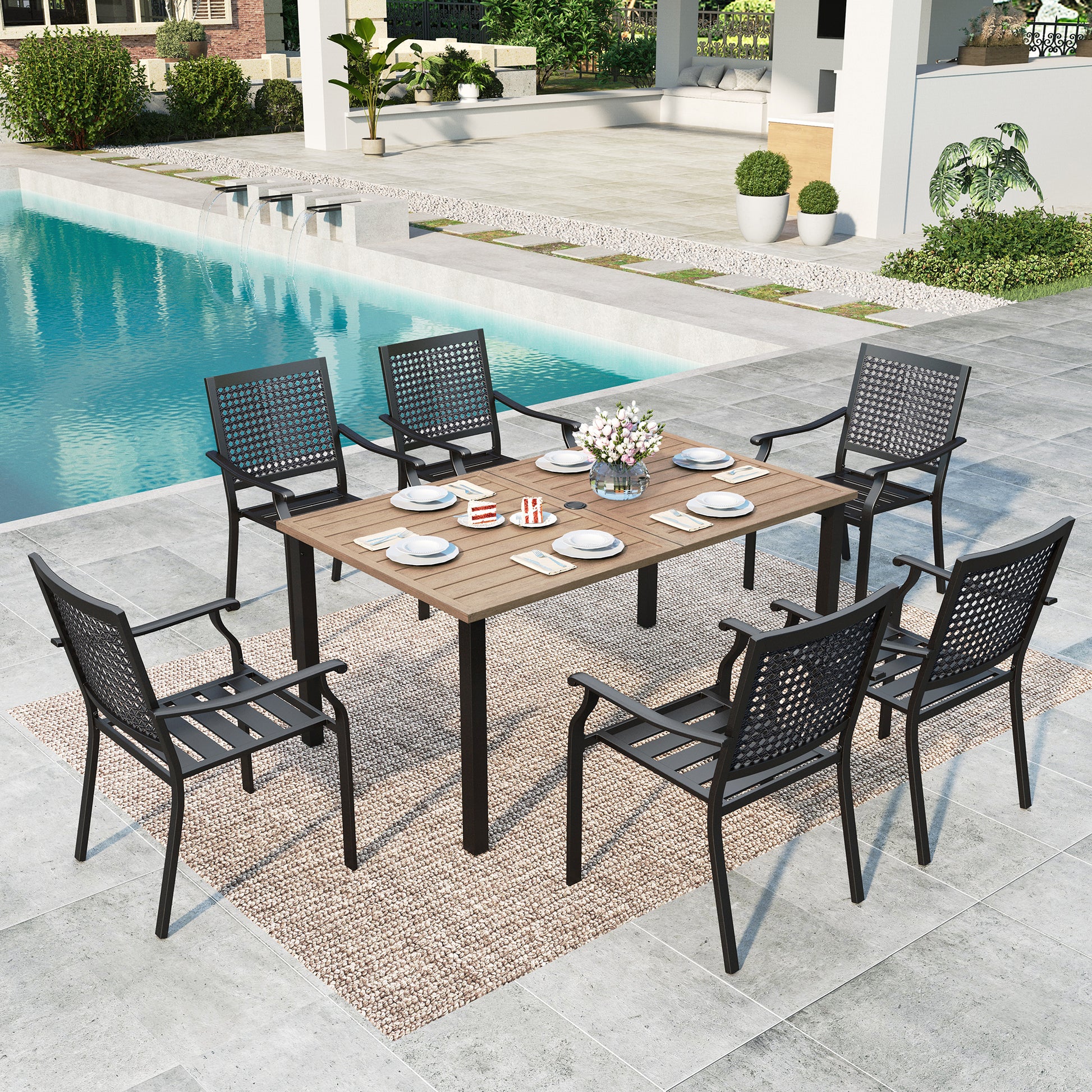 Summit Living 2-Piece Outdoor Patio Dining Chairs, Large Metal Stackable Armchairs (Weight Capacity 350 lbs), Black