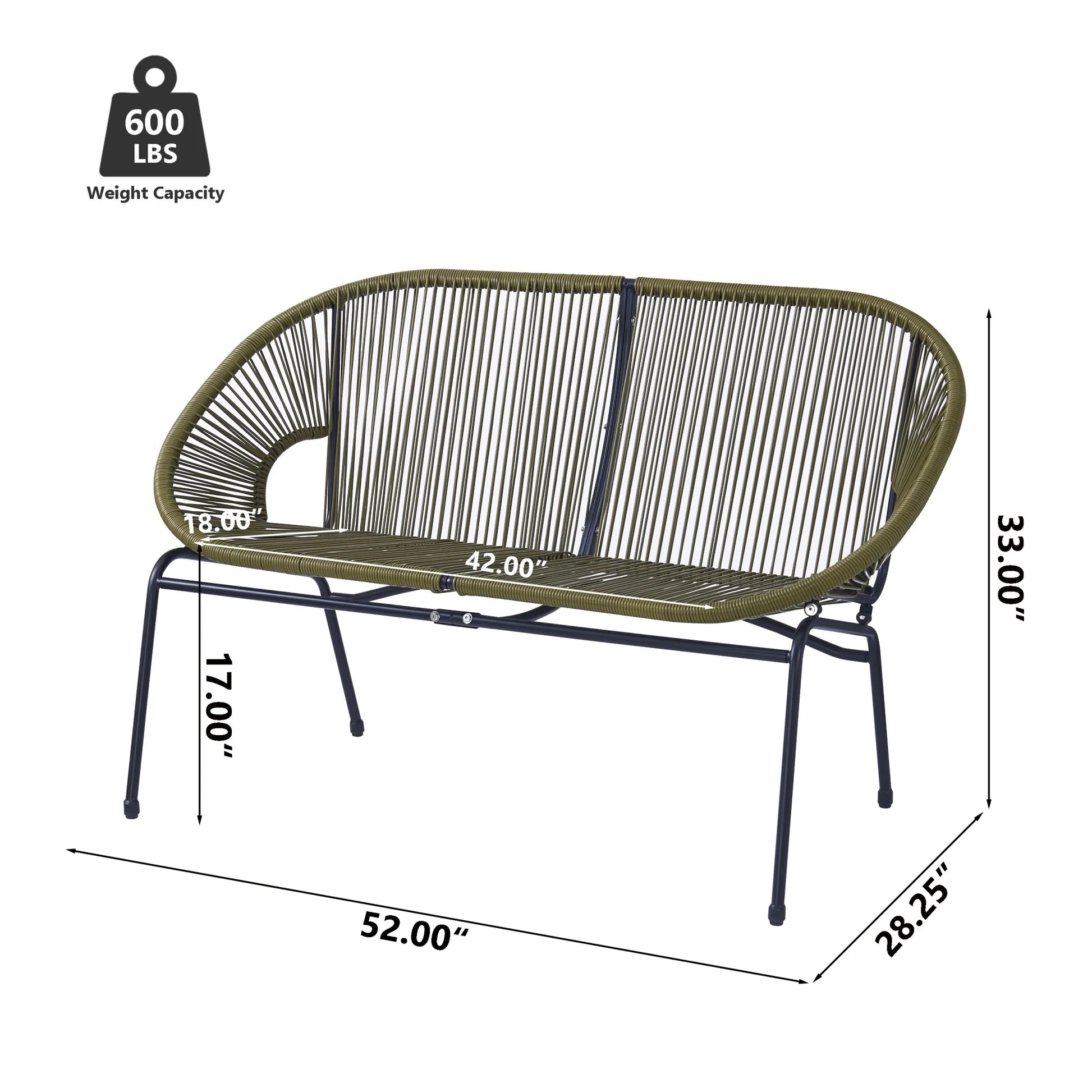 Aspen Modern Outdoor Patio Basket Loveseat, Hammock Weave Design, Metal Frame, Green