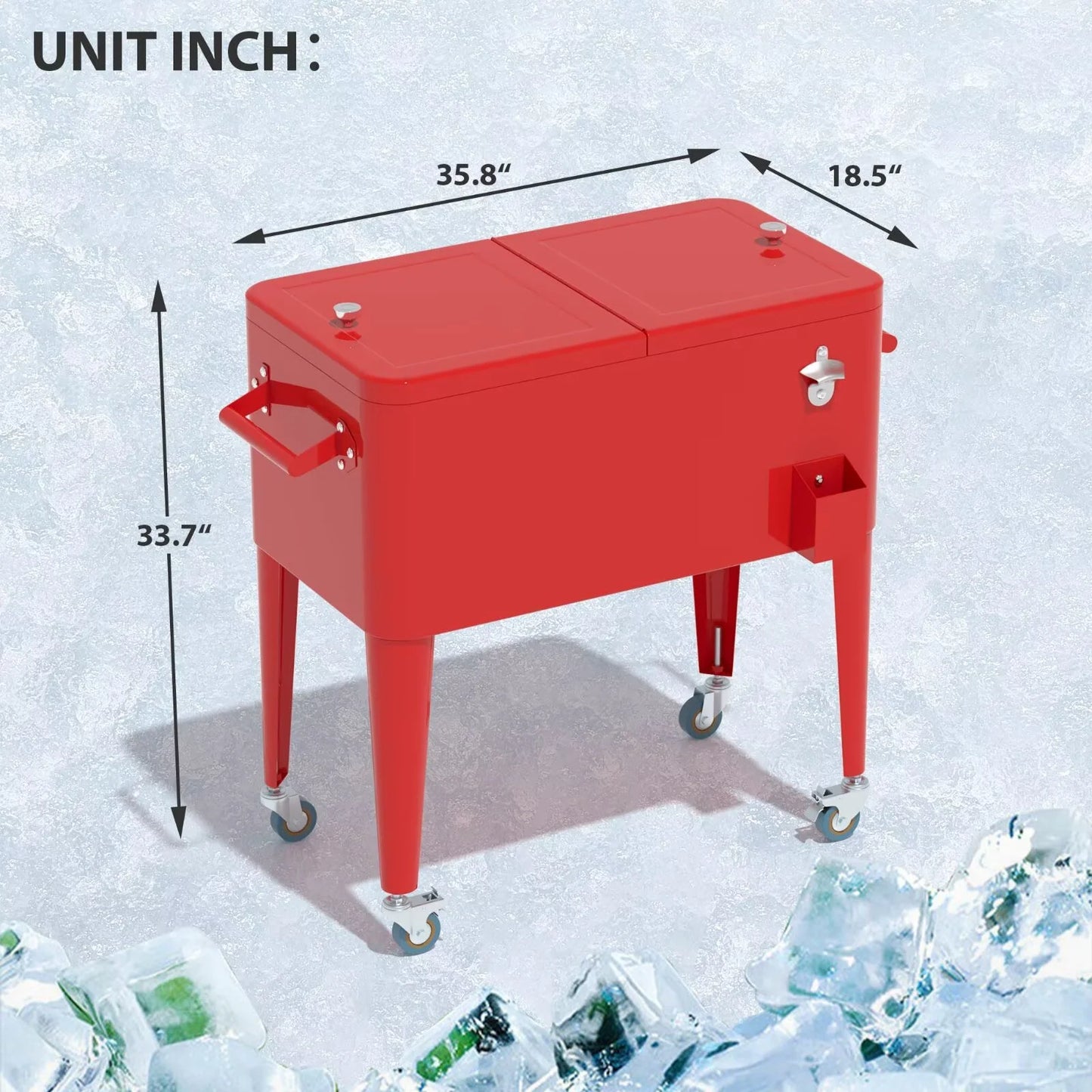 YRLLENSDAN 80 Quart Outdoor Coolers Cart, Rolling Ice Chest Cooler Cart with Wheels, Standing Party Beverage Coolers with Handles and Drain, for Patio, Camping, Picnic, Backyard, Red