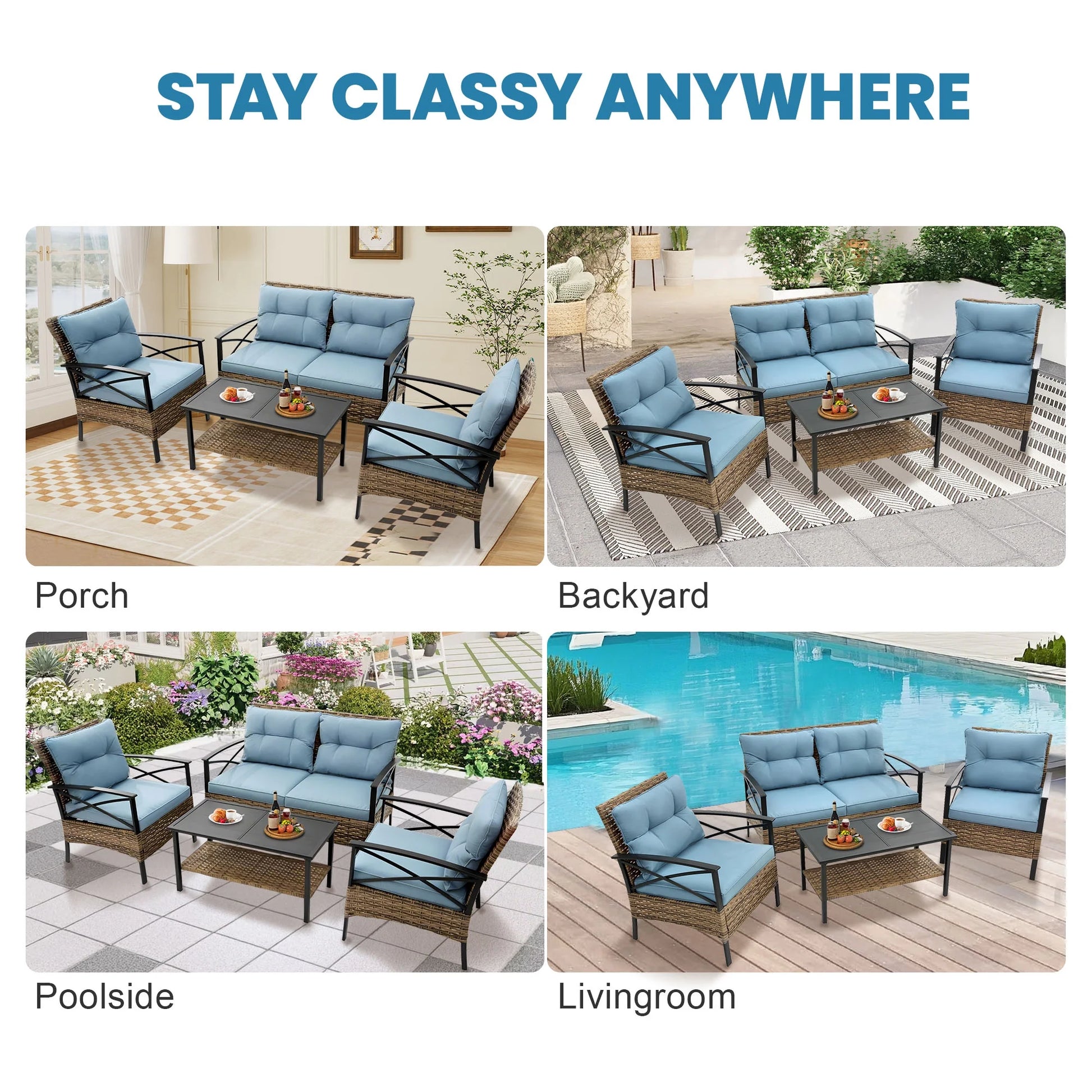 Heavy-duty Patio Furniture Set, 4 Piece Outdoor Sectional Conversation Sets, BrownPE Rattan Patio Sofa Set with Blue Cushions