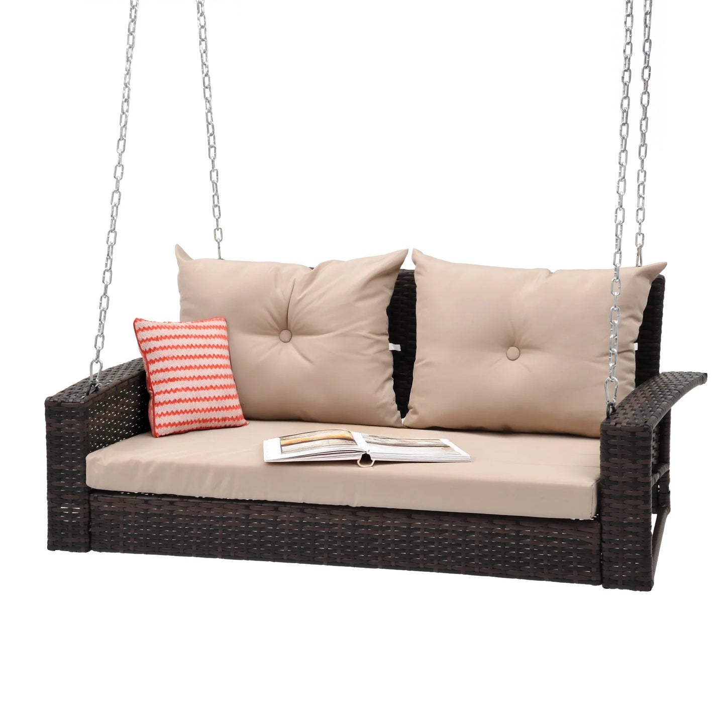 Dextrus 2-Seats Wicker Hanging Porch Swing Chair Outdoor Black Rattan Patio Swing Lounge w/2 Back Cushions Capacity 770lbs for Garden, Balcony, Living Room, Beige