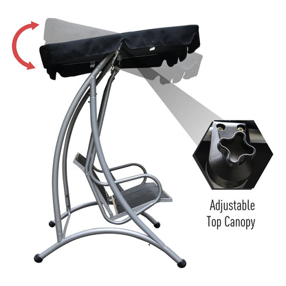 Outsunny 3 Person Patio Swing Seats, Porch Swing with Stand & Adjustable Canopy, Heavy Duty Outdoor Swing Chair Bench for Adults, Black
