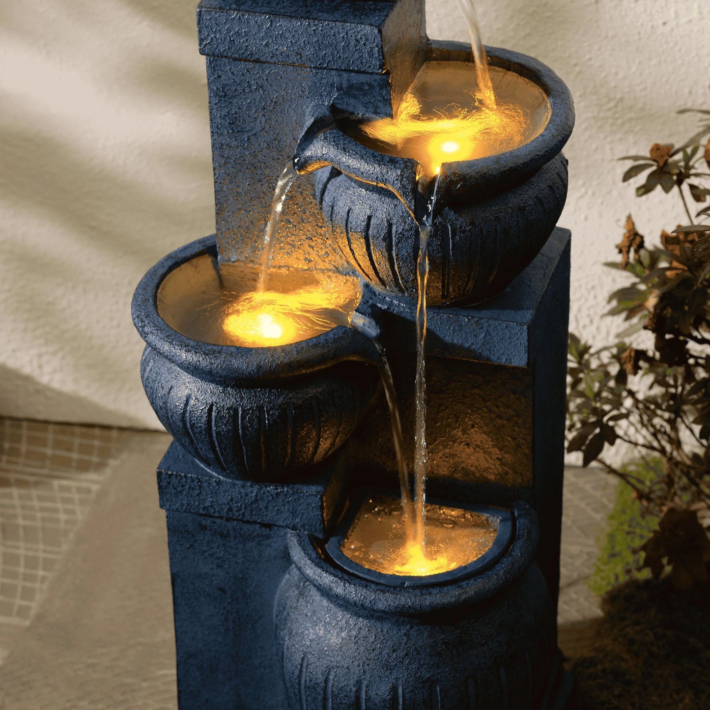 Teamson Home Outdoor Water Fountain with LightsC 4-Tier Cascading Bowl Design with LED Light & Solar Pump, Solar-Powered Water Fountain Outdoor Garden, Yard, or Patio Dcor, Navy Blue