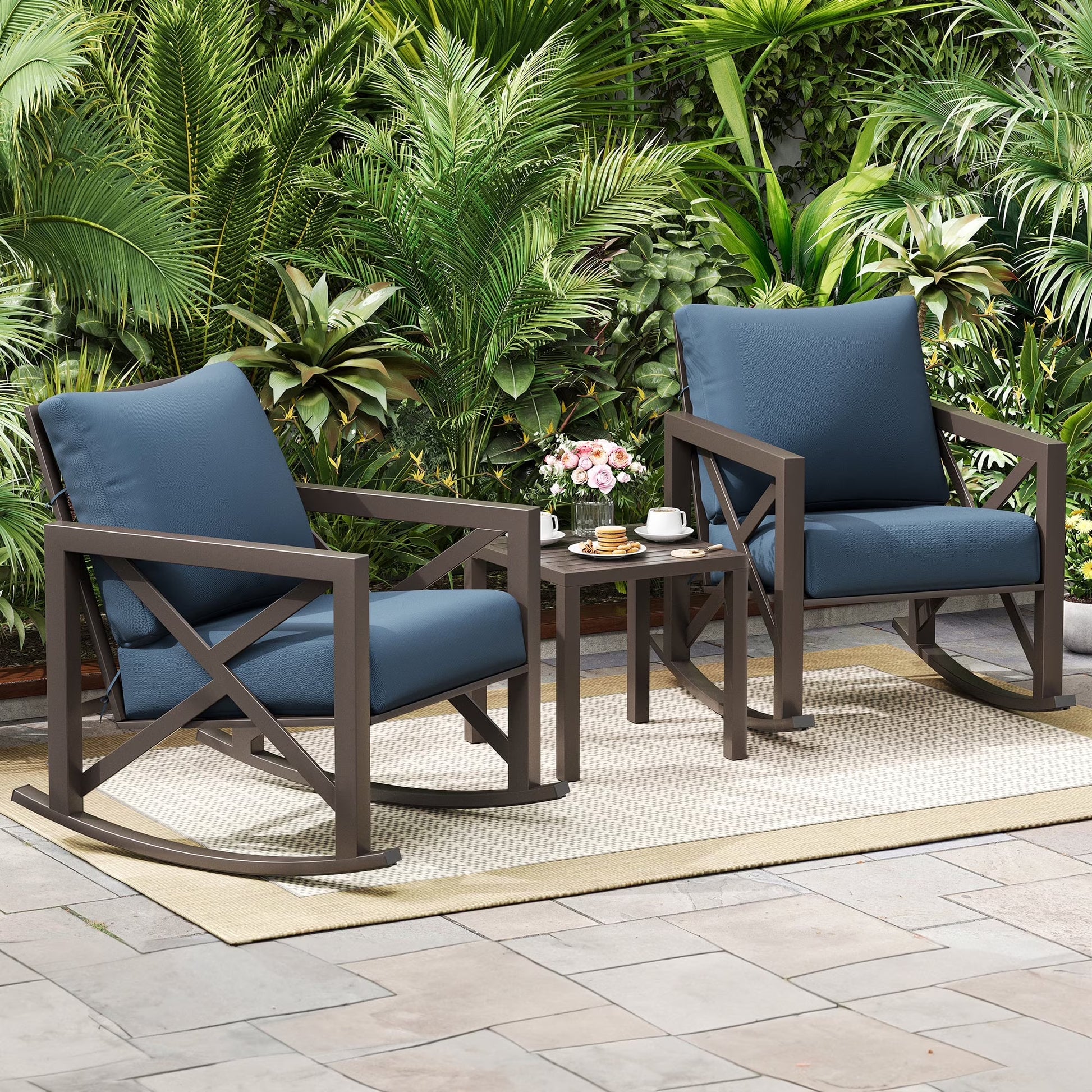 MRUAKA Rocking Chair Bistro Set,3 Piece Outdoor Patio Furniture Set with 2 Rockers and 1 Metal Coffee Table with Thick Cushions for Porch,Backyard,Poolside,Beige