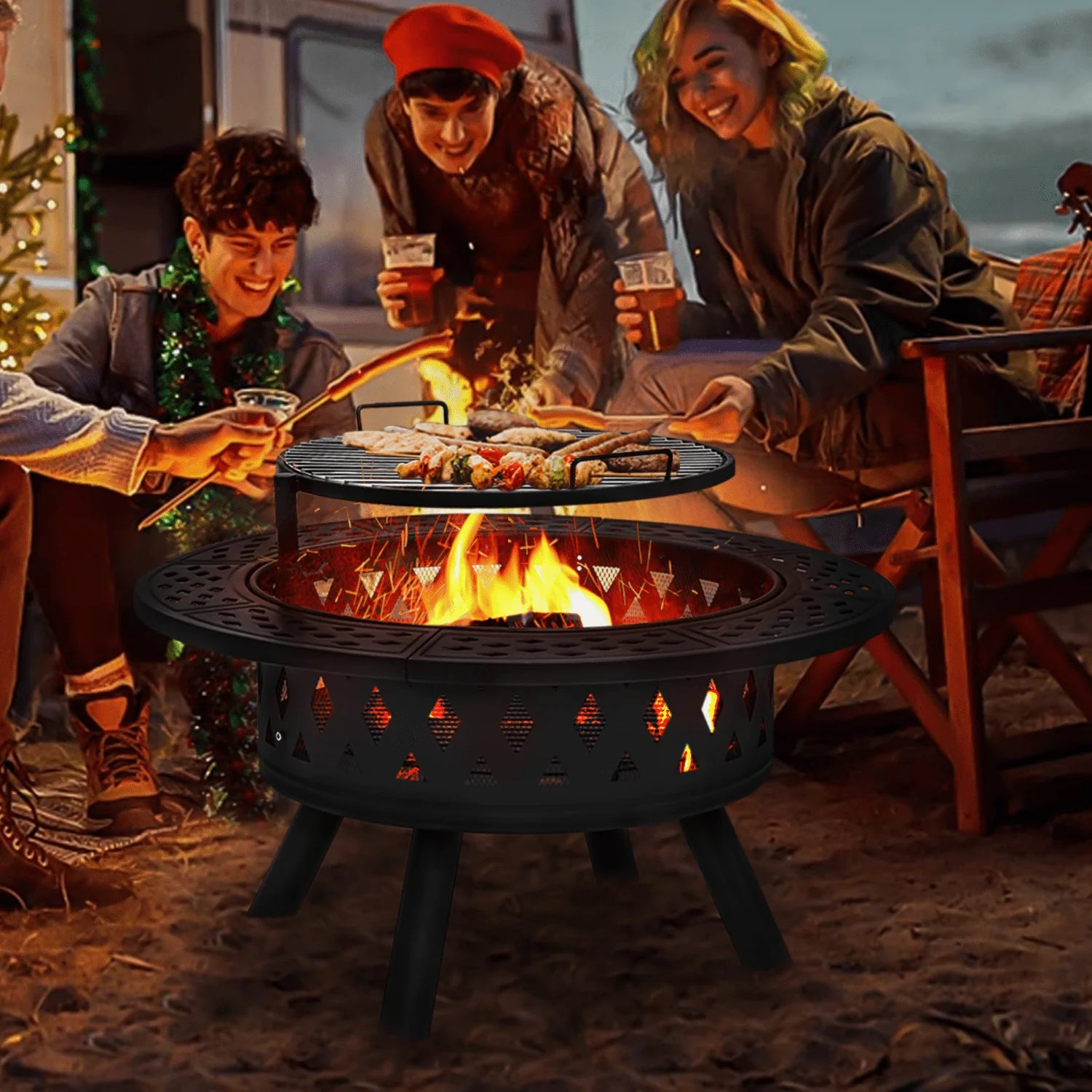 Magshion 38" 2 in 1 Fire Pit with Cooking Grate, Outdoor Wood Burning Firepit with Spark Screen & Poker for Backyard Patio BBQ, Black