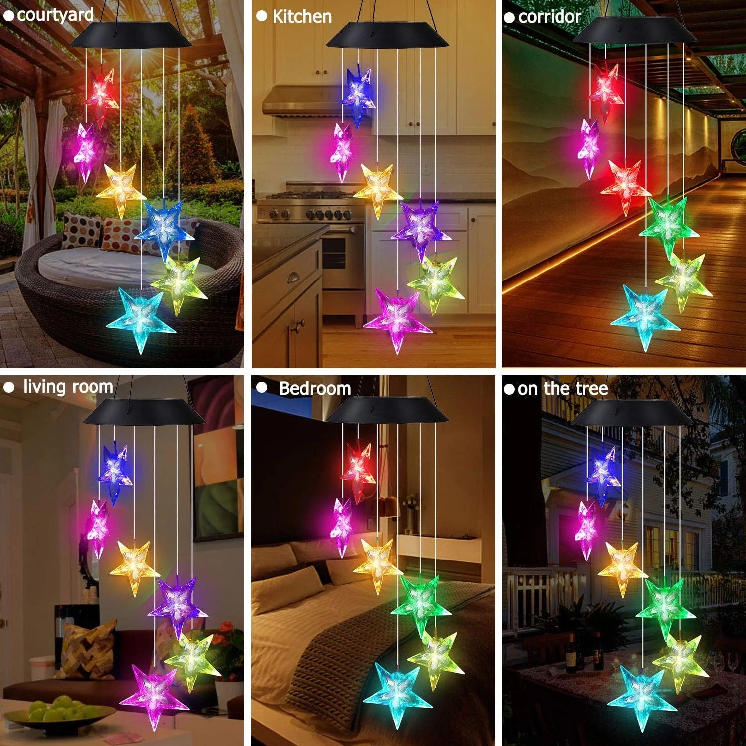 Solar Power Wind Chime, Color-Changing Star LED Wind Chime Waterproof Outdoor Decorative Automatic Wind Mobile Bell Light for Patio Yard Garden Home