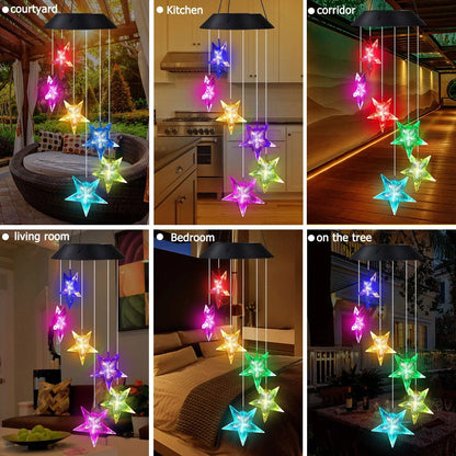 Solar Power Wind Chime, Color-Changing Star LED Wind Chime Waterproof Outdoor Decorative Automatic Wind Mobile Bell Light for Patio Yard Garden Home